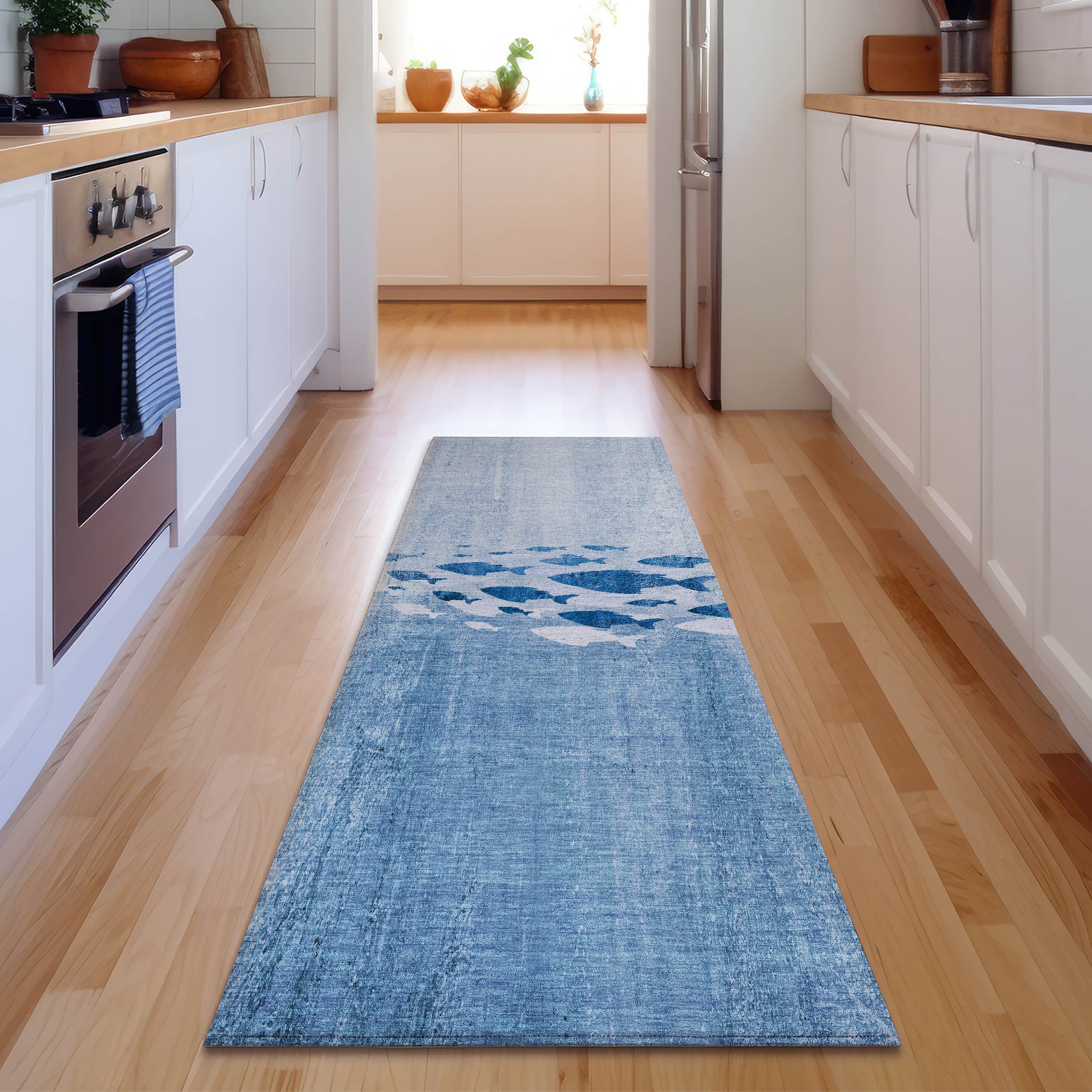 Athens Machine Washable Transitional Blue Rug 2'3" x 7'6" #shape_Runner