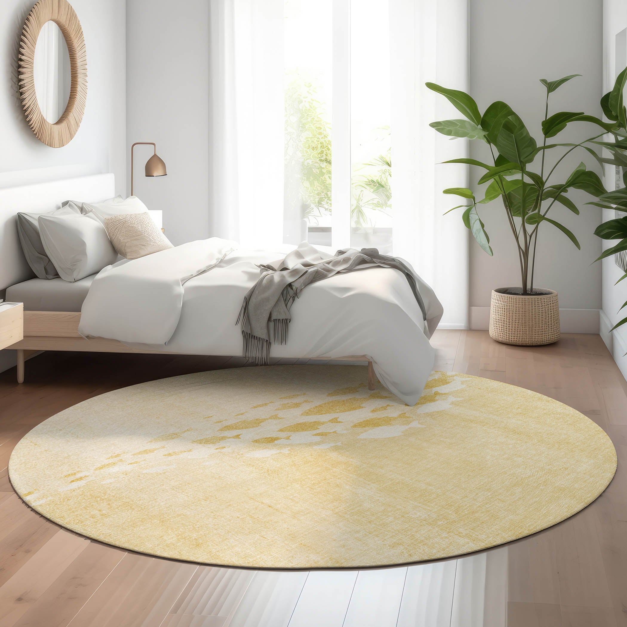 Athens Machine Washable Transitional Gold Rug 8' x 8' #shape_Round