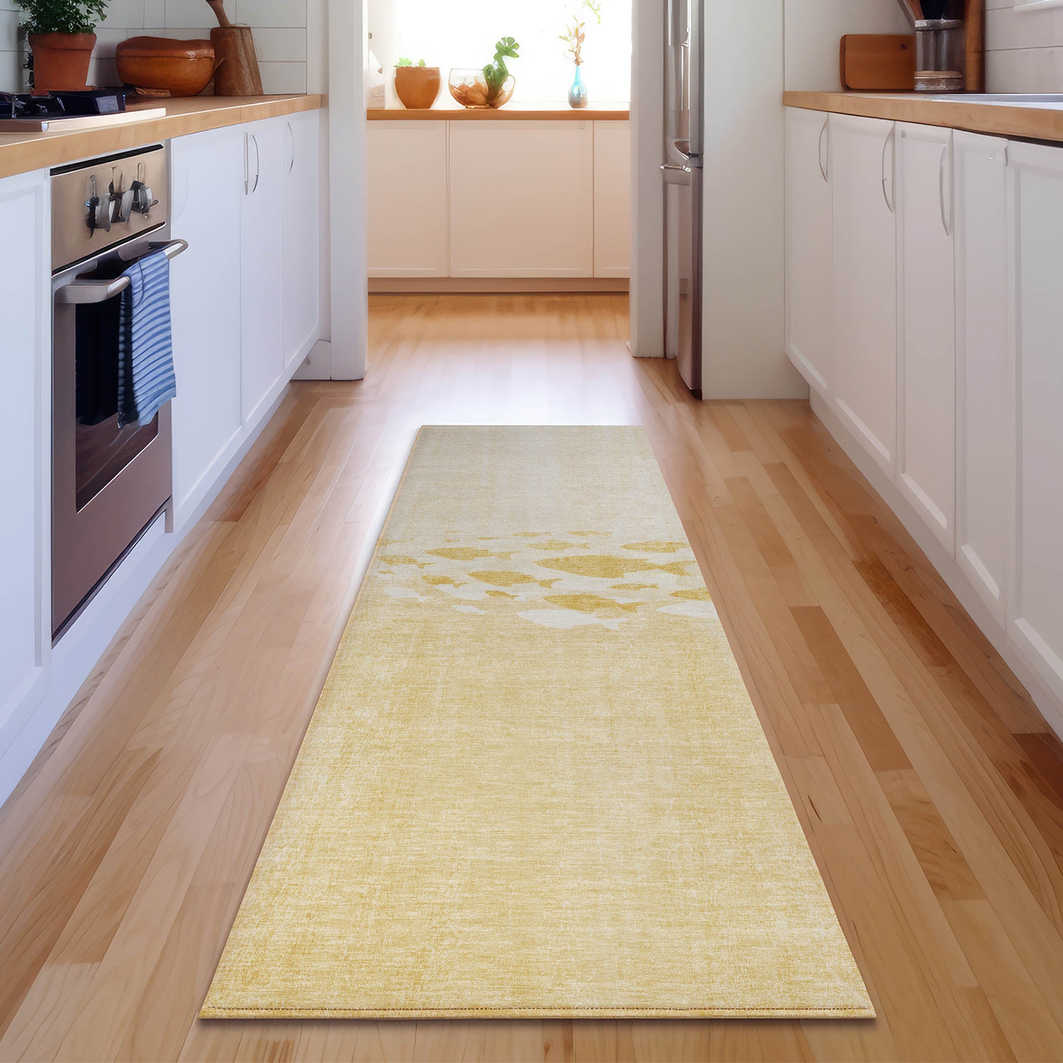 Athens Machine Washable Transitional Gold Rug 2'3" x 7'6" #shape_Runner