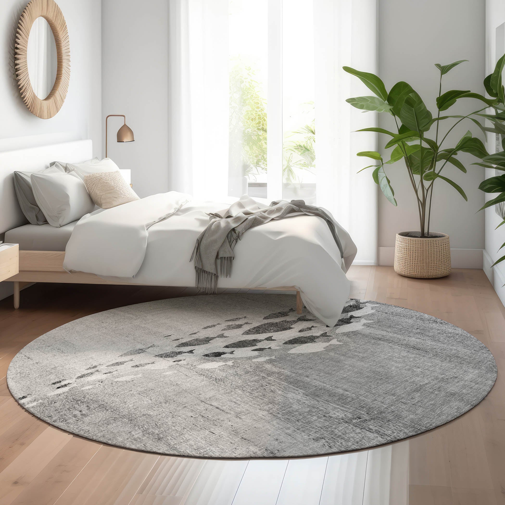 Athens Machine Washable Transitional Gray Rug 8' x 8' #shape_Round