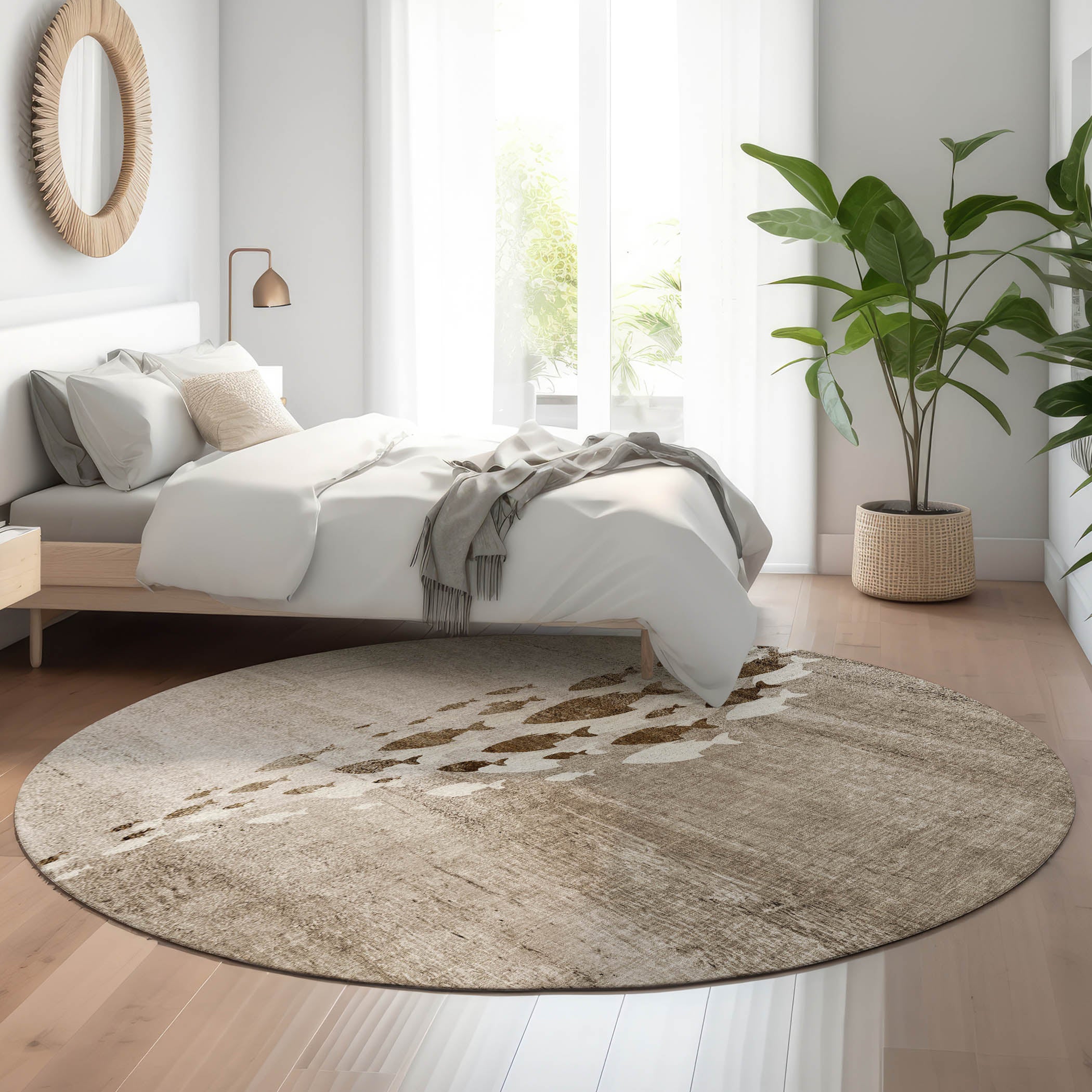 Athens Machine Washable Transitional Taupe Brown Rug 8' x 8' #shape_Round