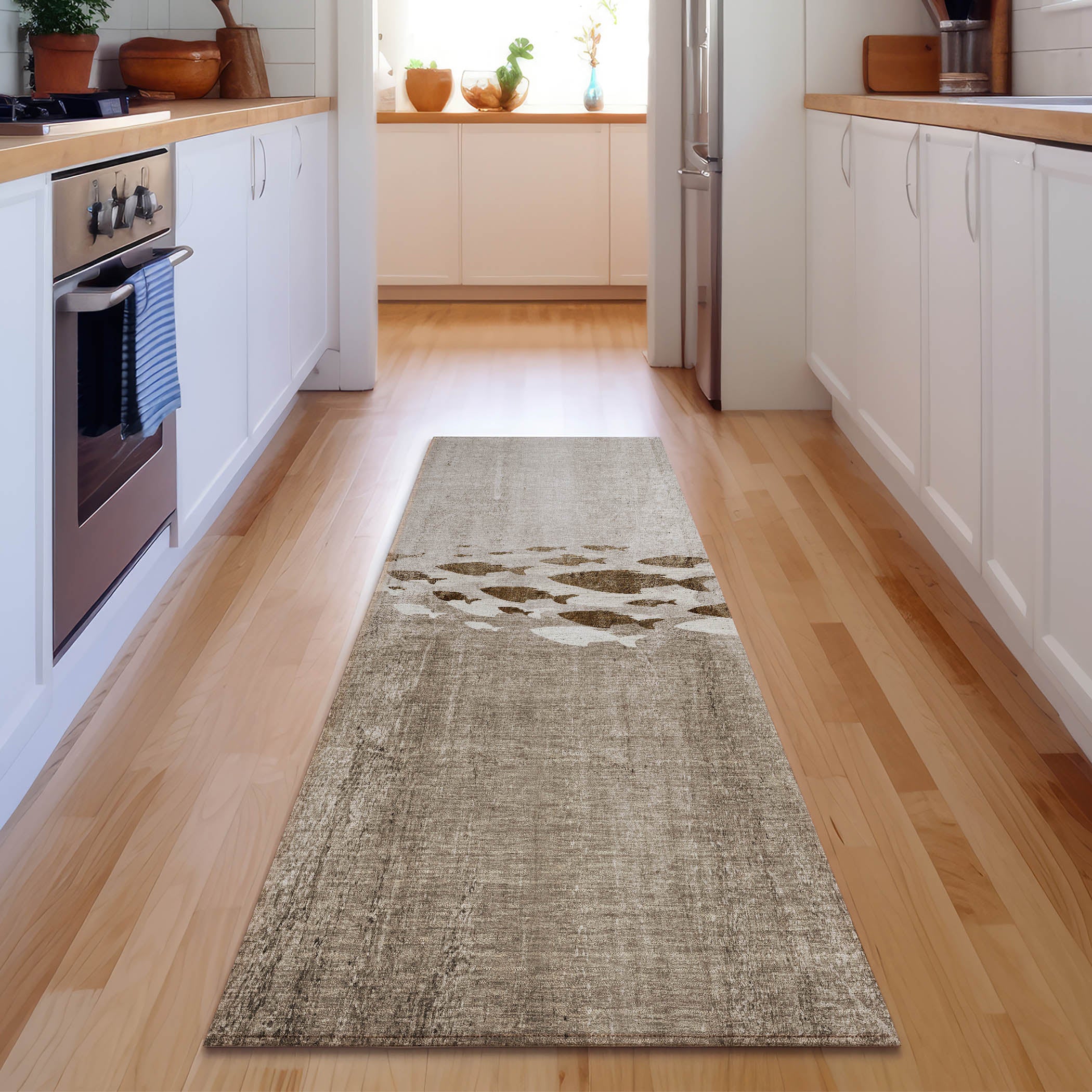 Athens Machine Washable Transitional Taupe Brown Rug 2'3" x 7'6" #shape_Runner