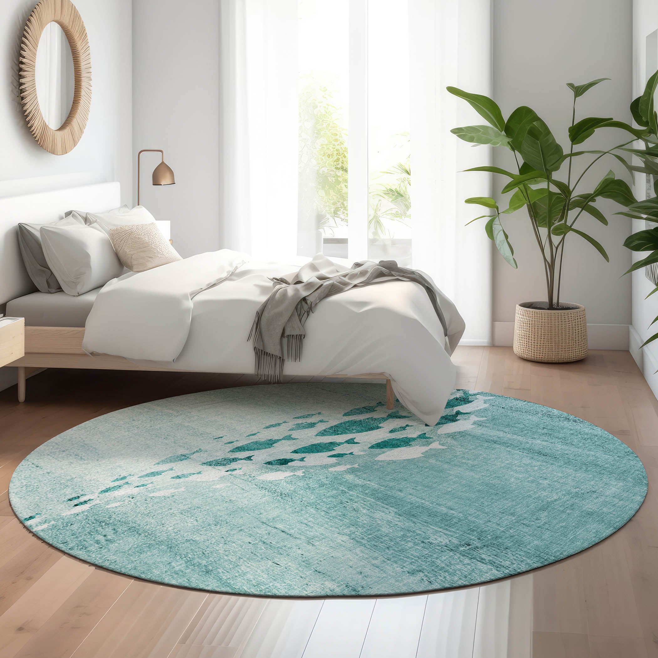 Athens Machine Washable Transitional Teal Rug 8' x 8' #shape_Round