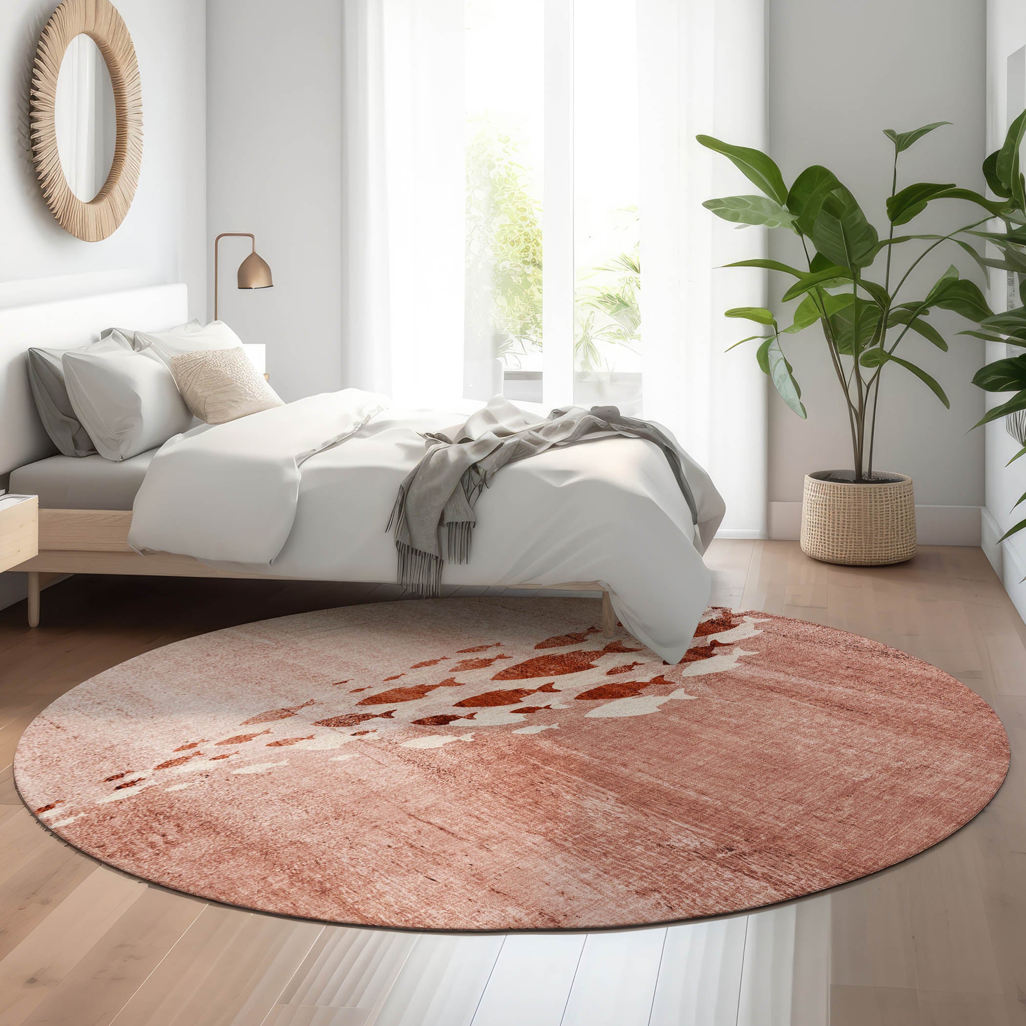 Athens Machine Washable Transitional Terracotta Orange Rug 8' x 8' #shape_Round