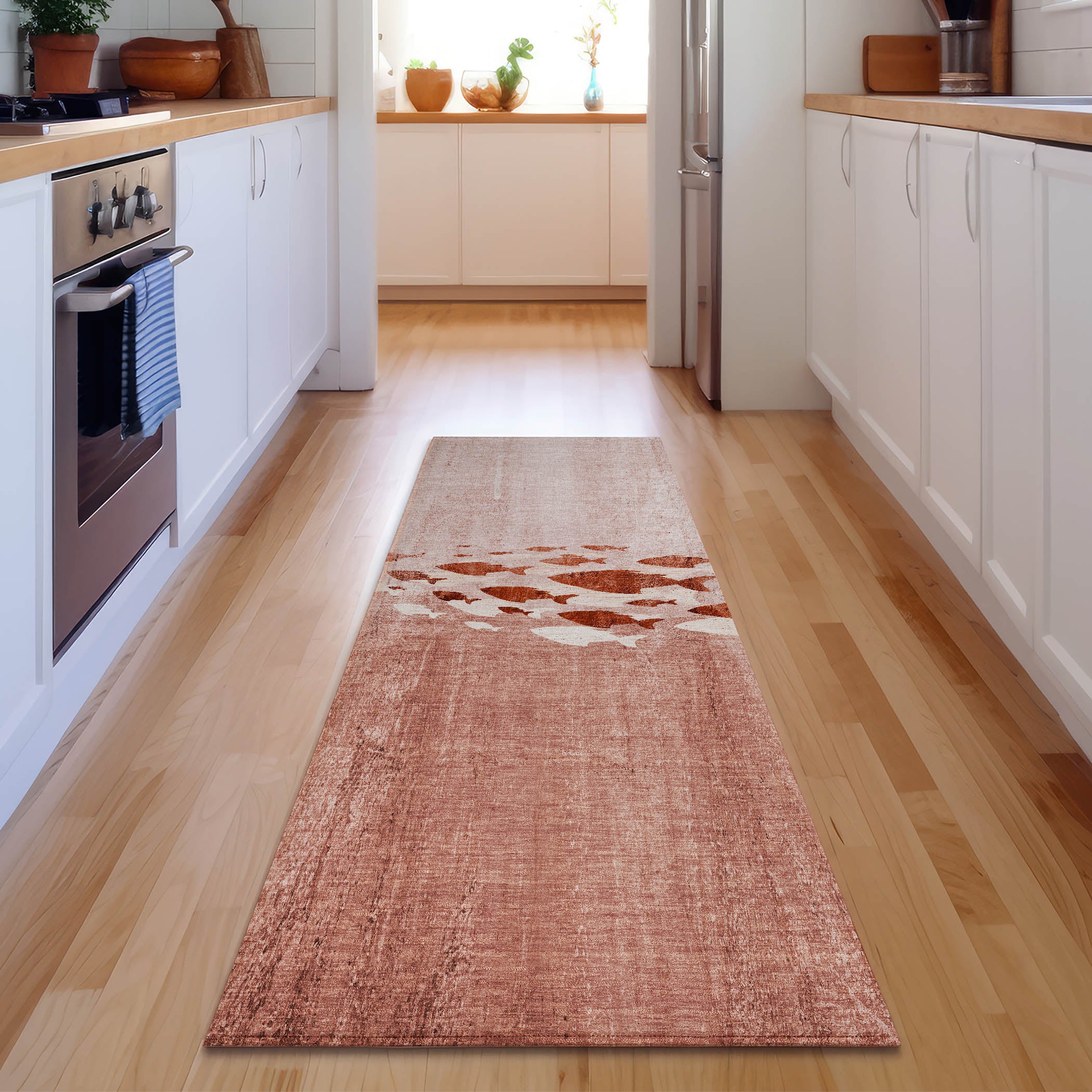Athens Machine Washable Transitional Terracotta Orange Rug 2'3" x 7'6" #shape_Runner