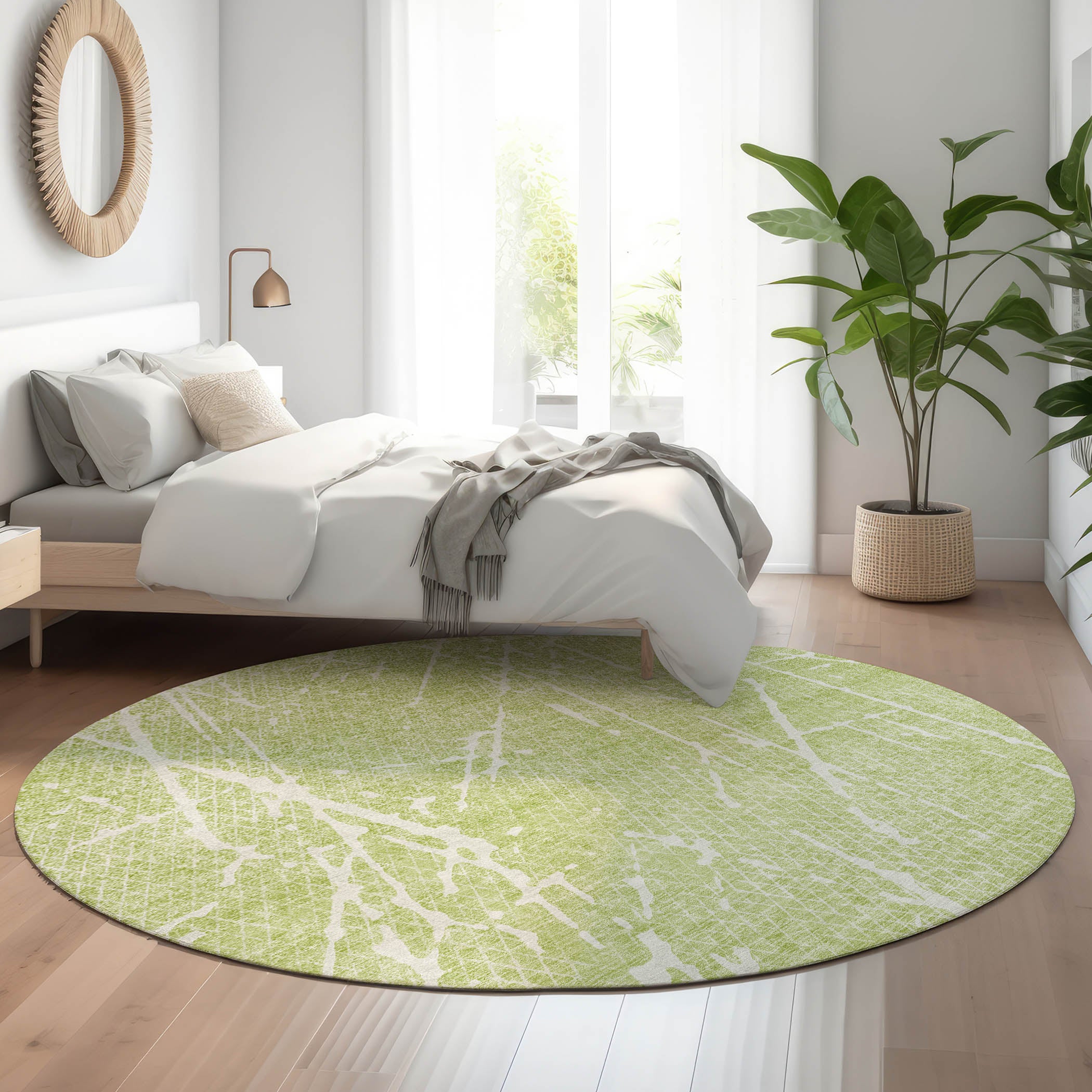 Luang Prabang Machine Washable Transitional Aloe Green Rug 8' x 8' #shape_Round