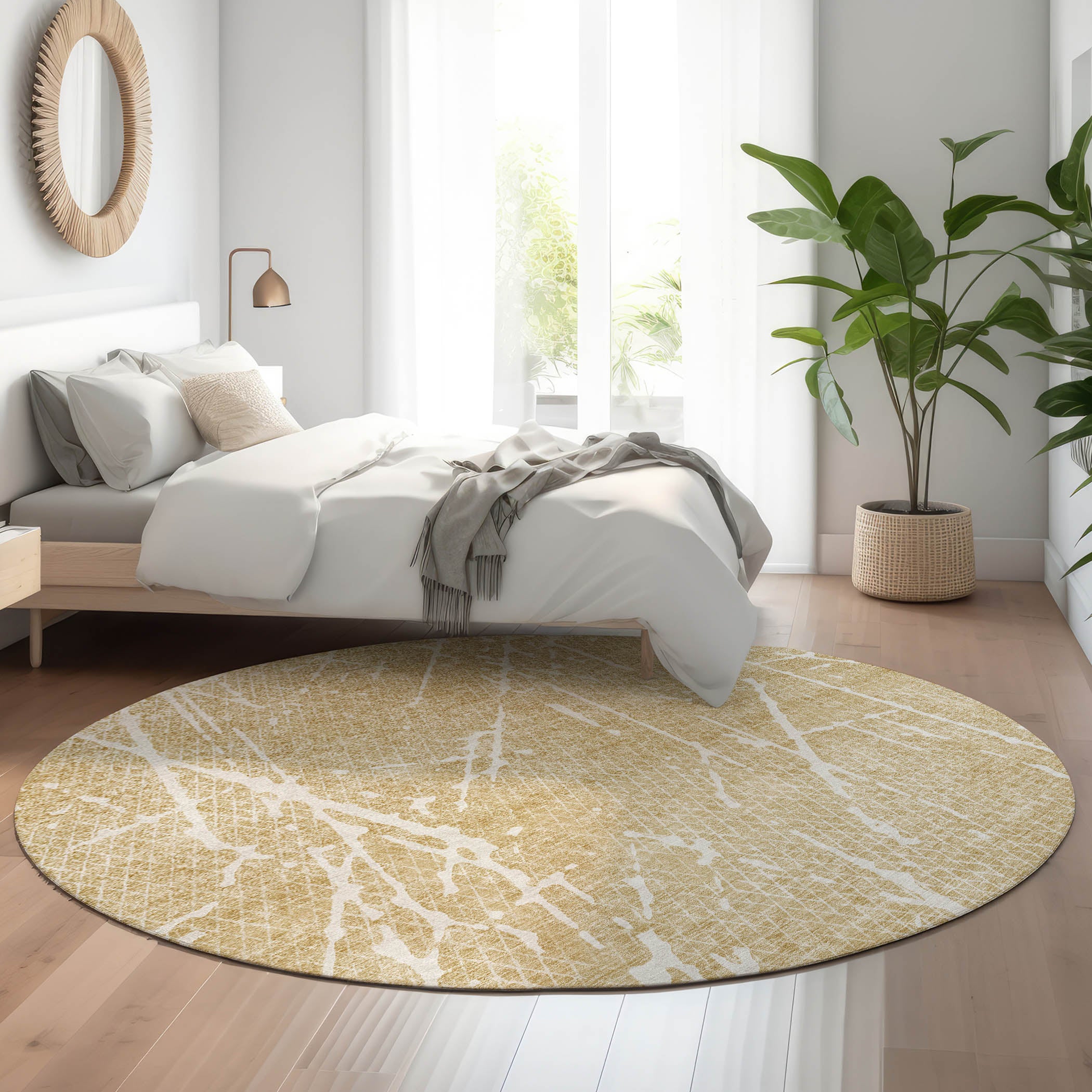 Luang Prabang Machine Washable Transitional Beige Brown Rug 8' x 8' #shape_Round