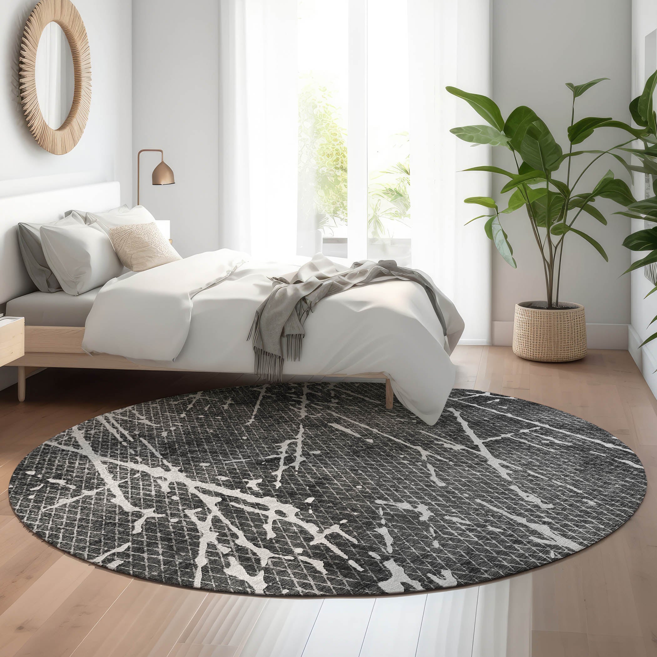 Luang Prabang Machine Washable Transitional Charcoal Gray Rug 8' x 8' #shape_Round