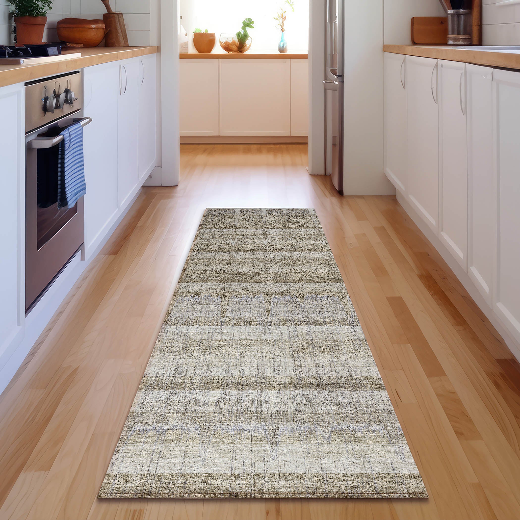 Kotor Machine Washable Transitional Taupe Brown Rug 2'3" x 7'6" #shape_Runner