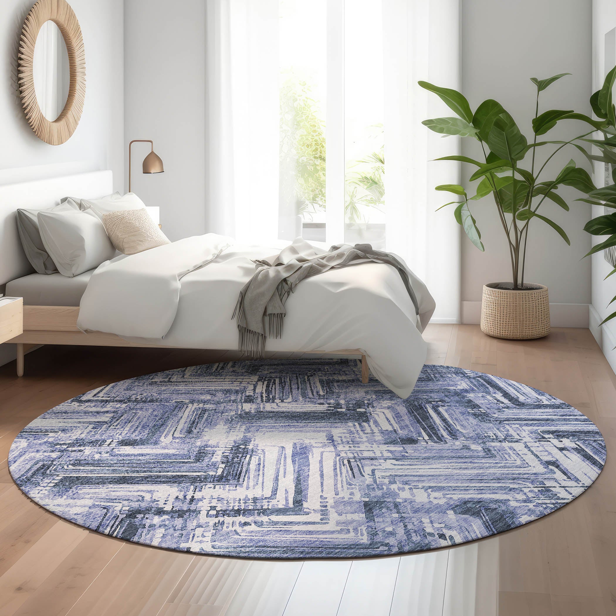 Istanbul Machine Washable Transitional Blue Rug 8' x 8' #shape_Round