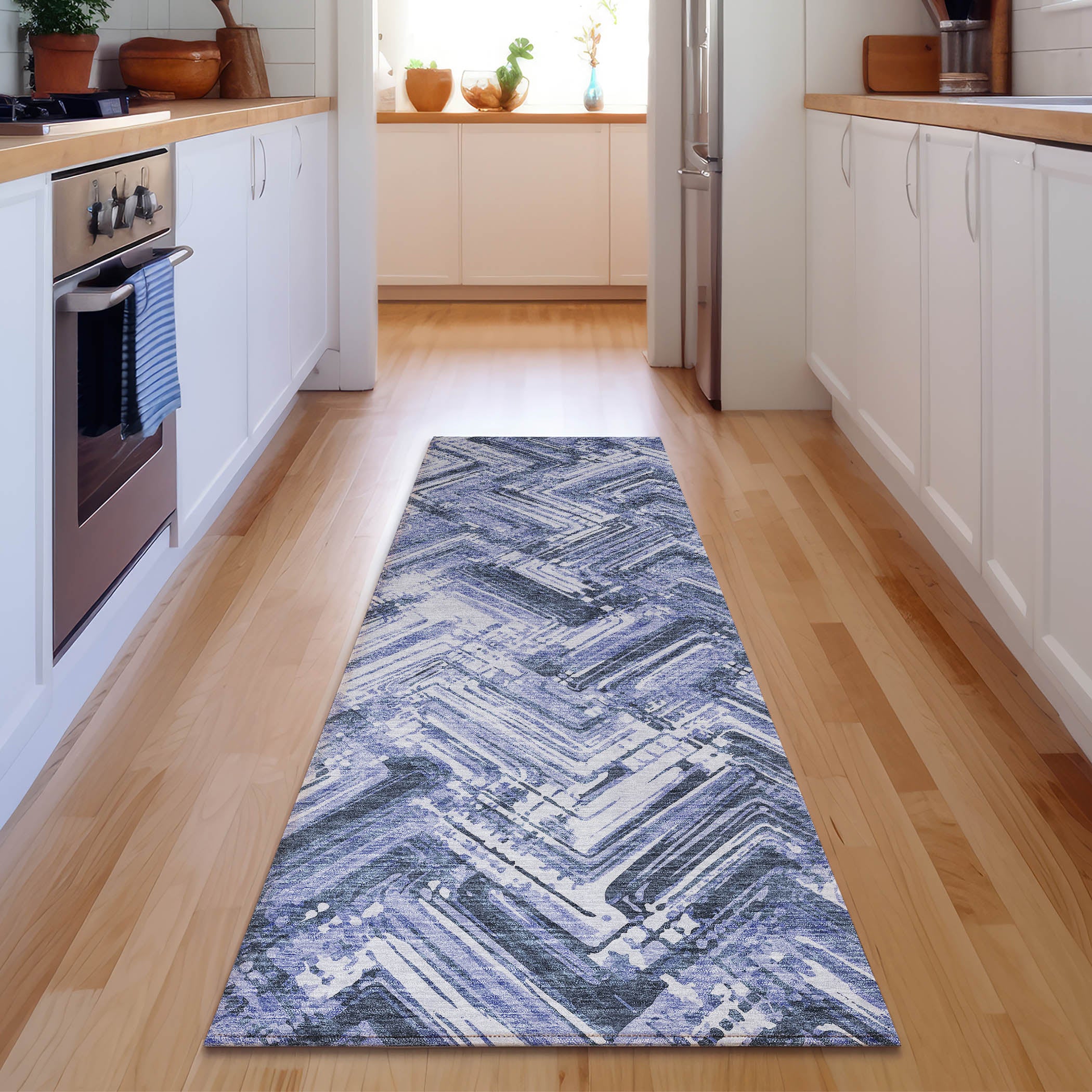 Istanbul Machine Washable Transitional Blue Rug 2'3" x 7'6" #shape_Runner