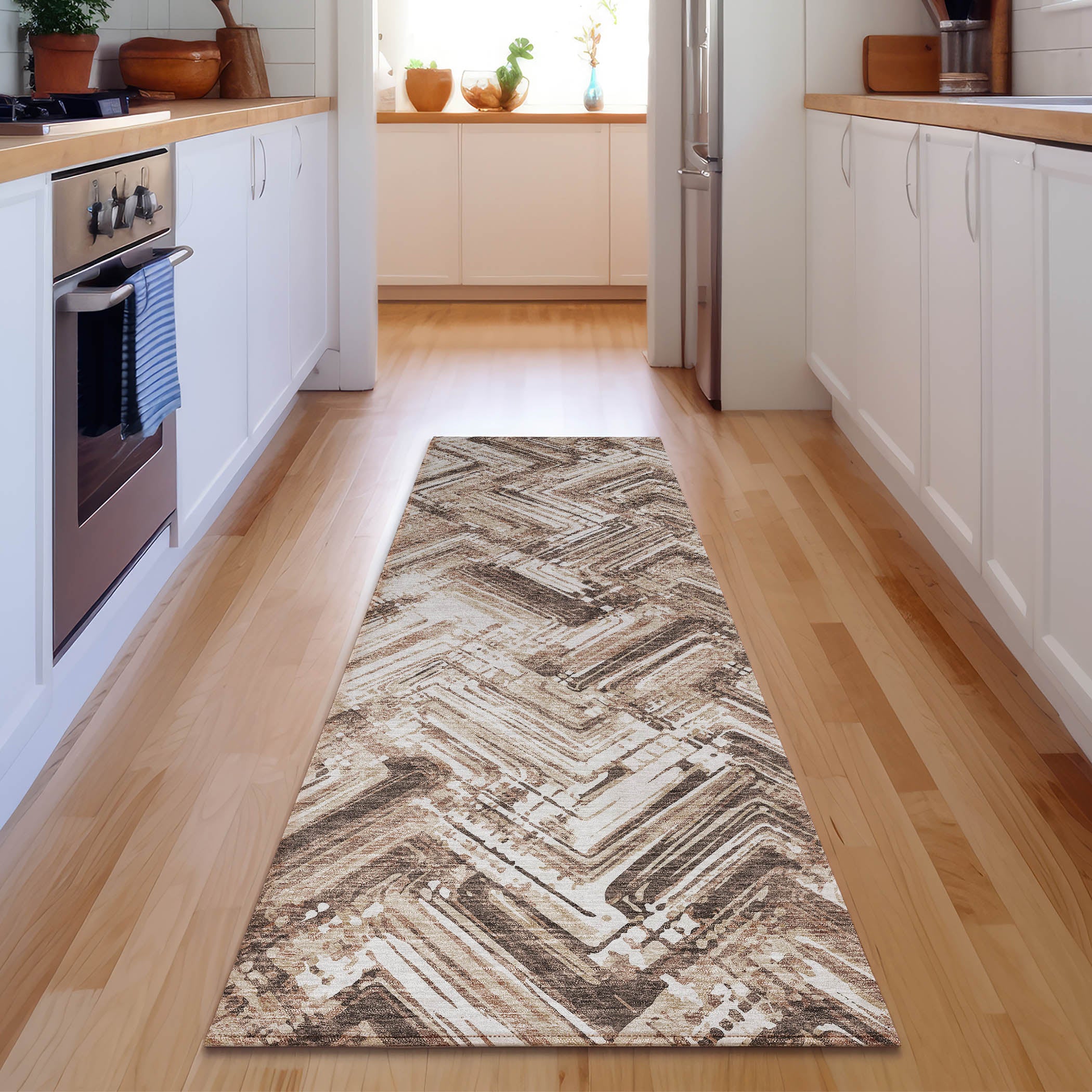 Istanbul Machine Washable Transitional Brown Rug 2'3" x 7'6" #shape_Runner