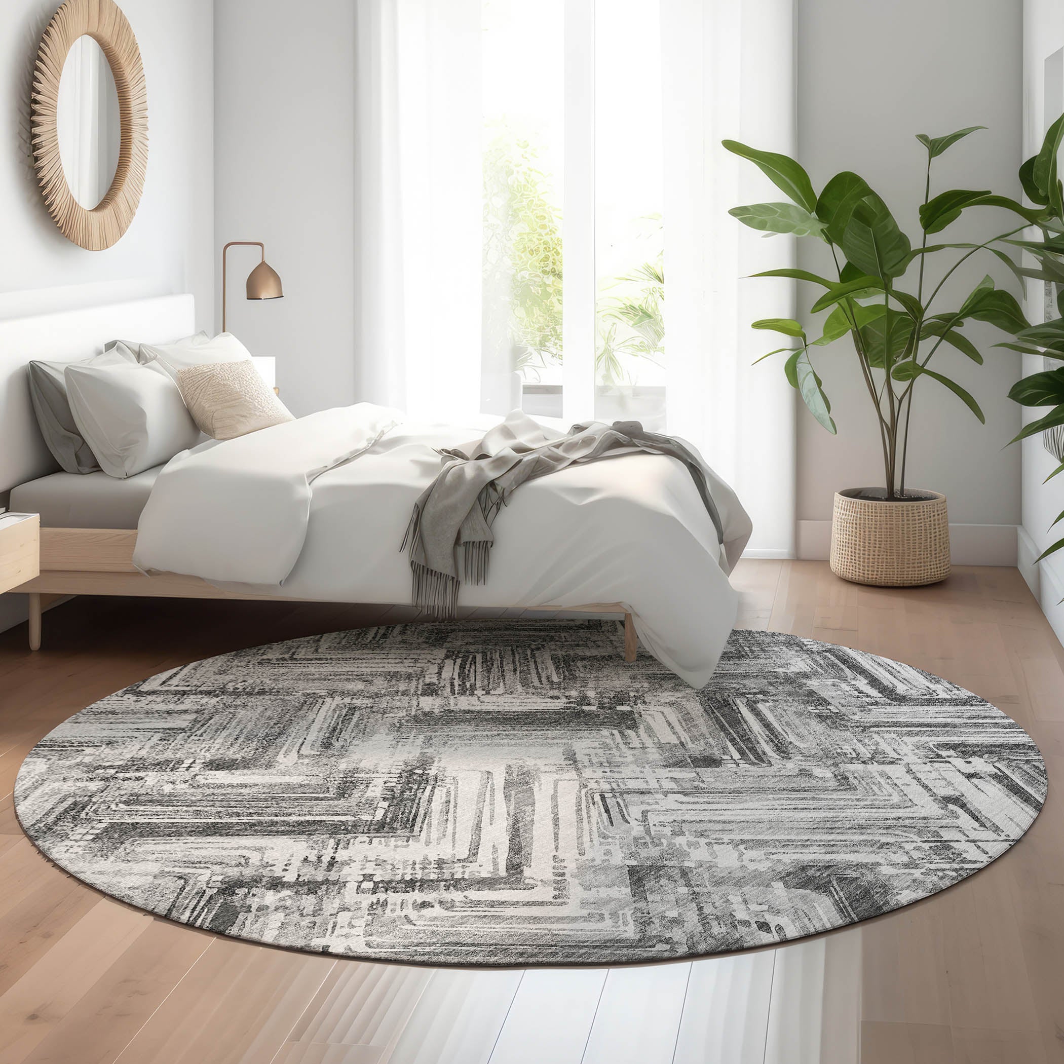Istanbul Machine Washable Transitional Gray Rug 8' x 8' #shape_Round