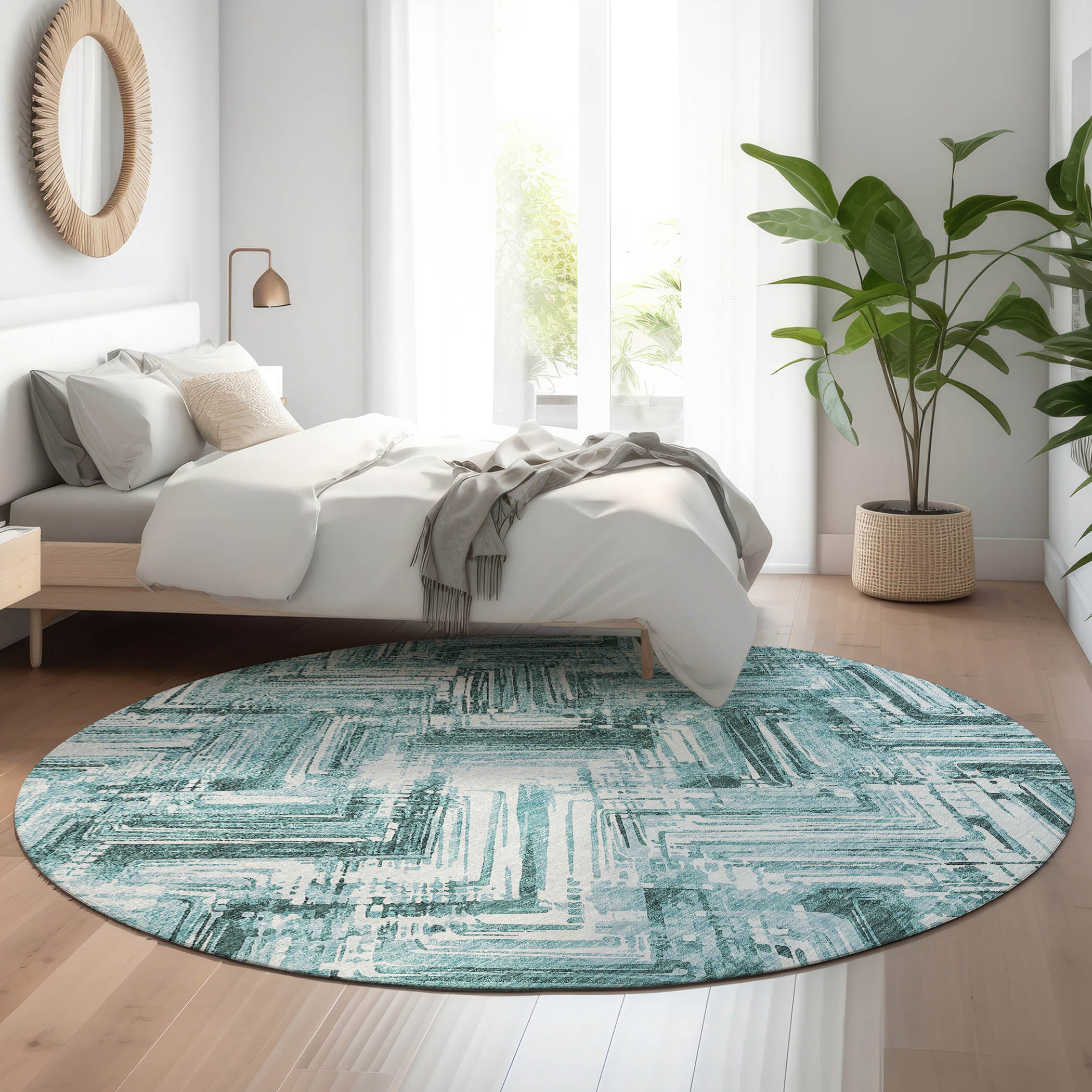 Istanbul Machine Washable Transitional Teal Rug 8' x 8' #shape_Round