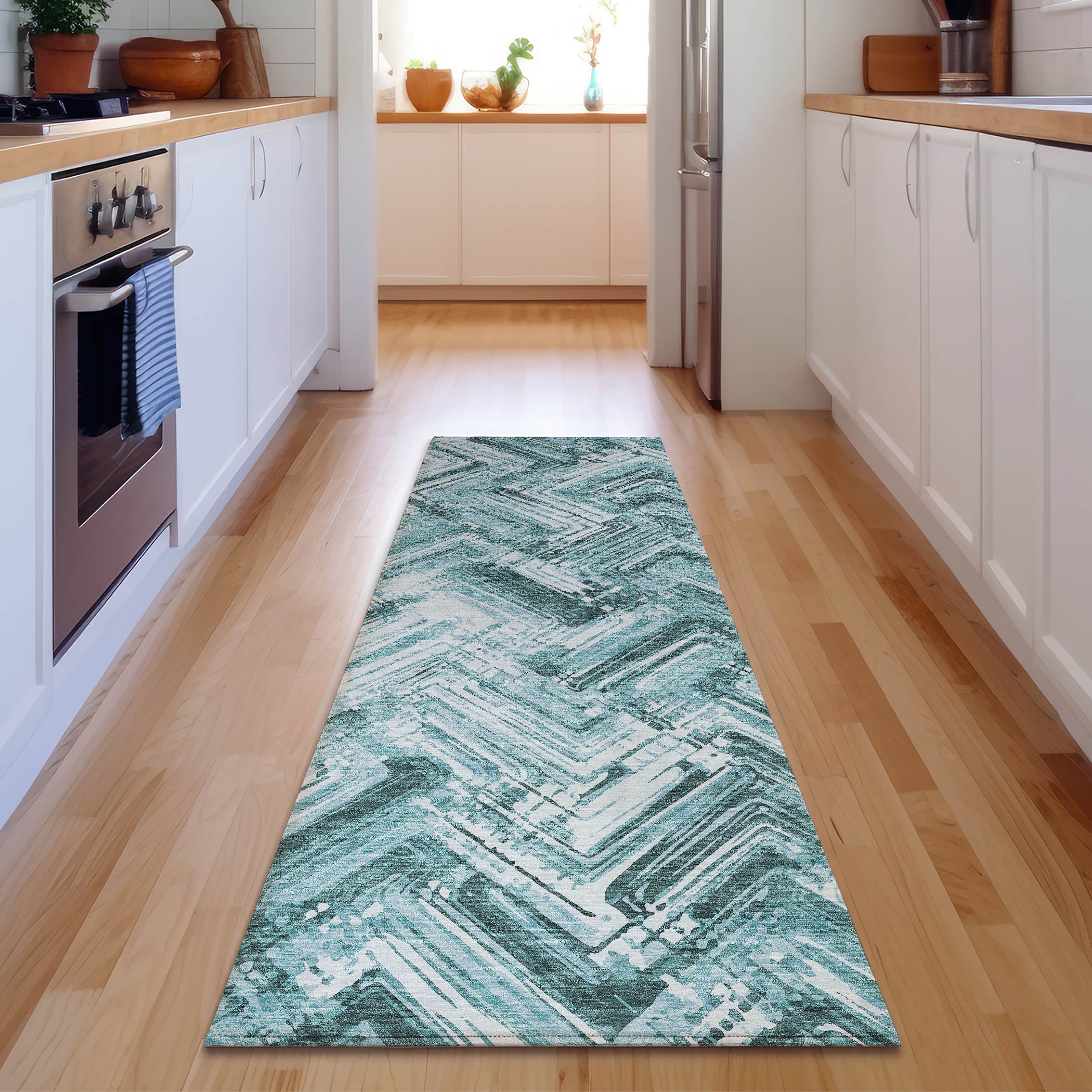 Istanbul Machine Washable Transitional Teal Rug 2'3" x 7'6" #shape_Runner