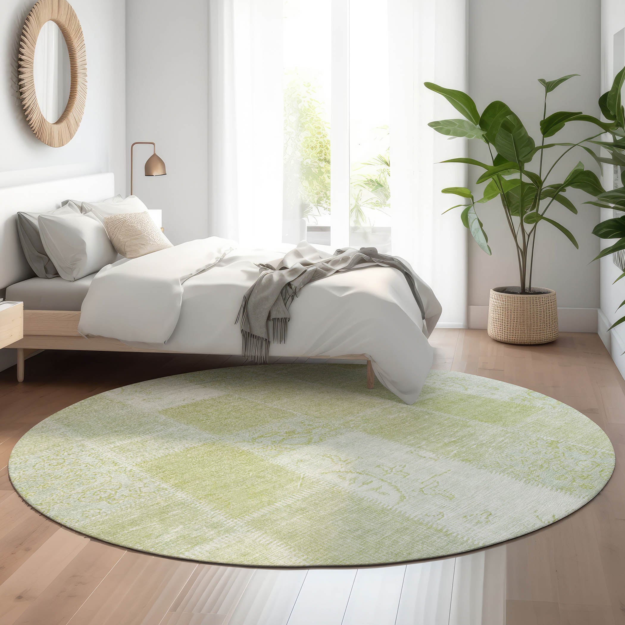 Lima Machine Washable Traditional Aloe Green Rug 8' x 8' #shape_Round
