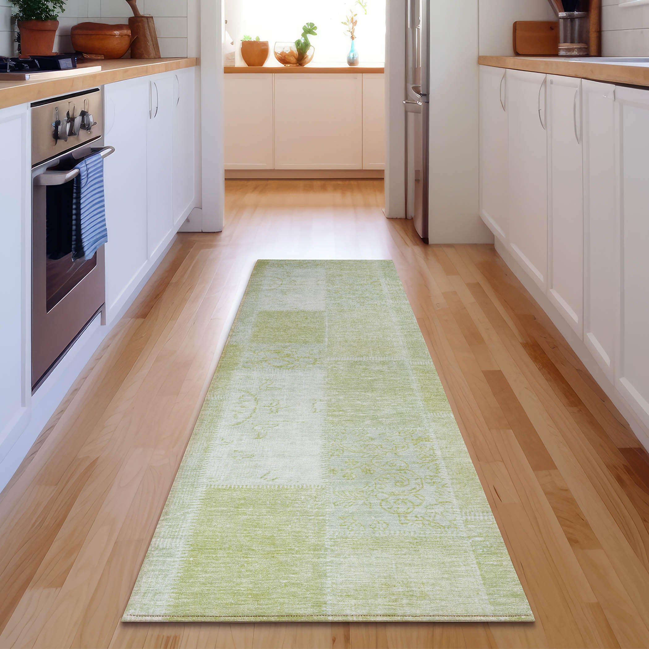 Lima Machine Washable Traditional Aloe Green Rug 2'3" x 7'6" #shape_Runner