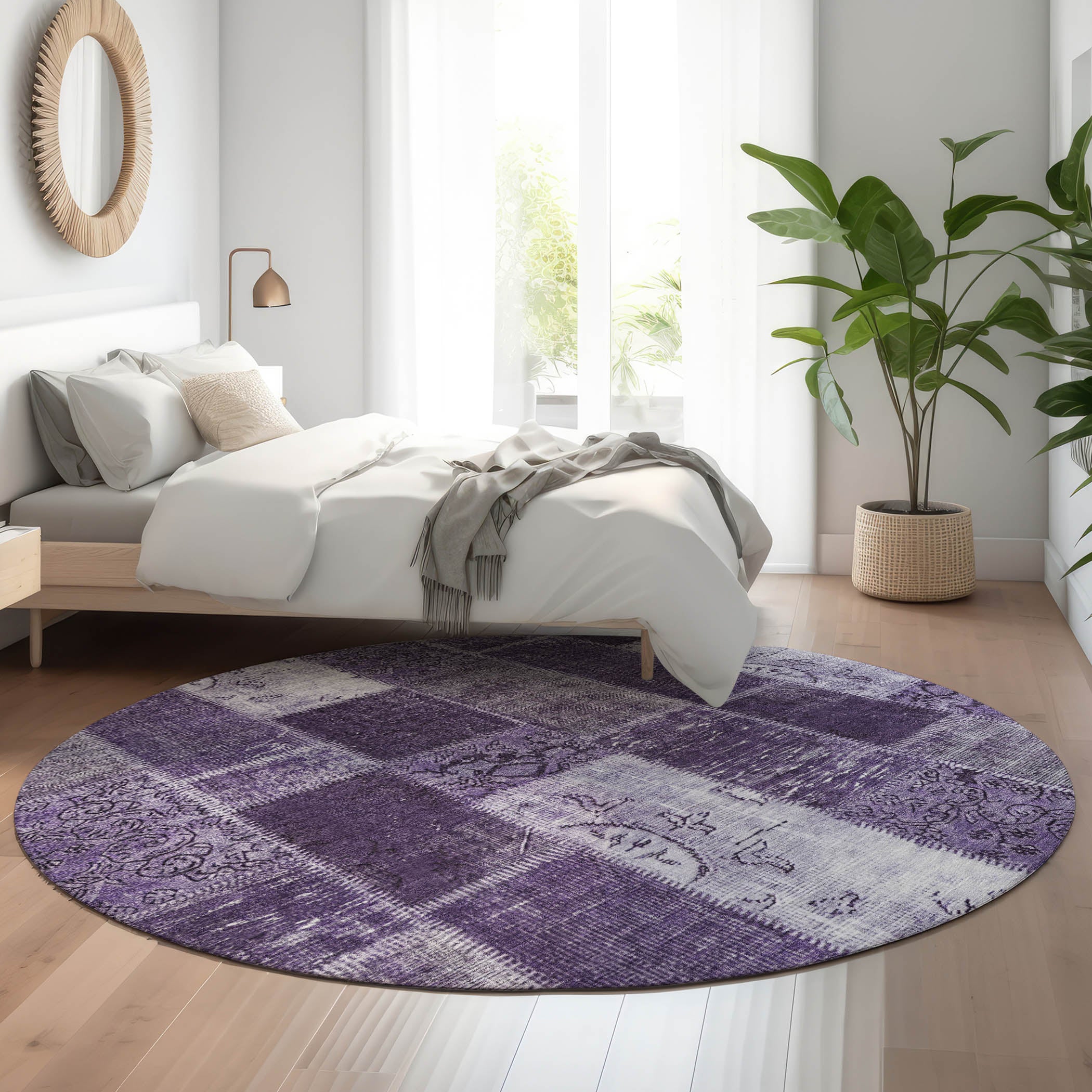 Lima Machine Washable Traditional Purple Rug 8' x 8' #shape_Round