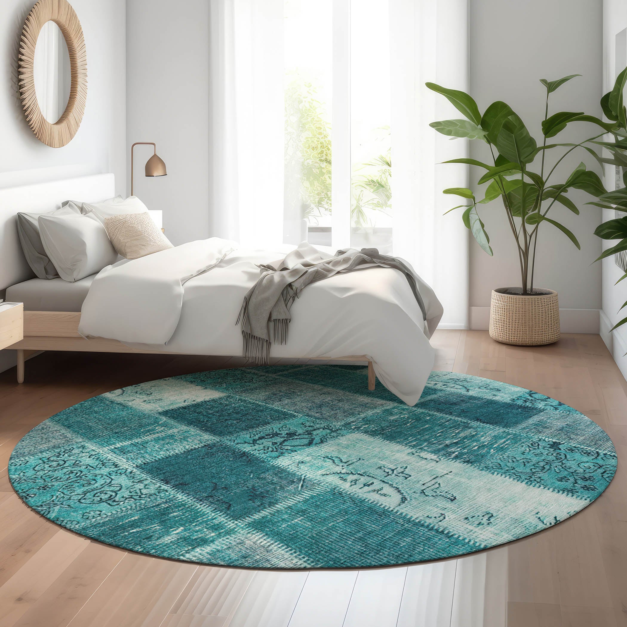 Lima Machine Washable Traditional Teal Rug 8' x 8' #shape_Round