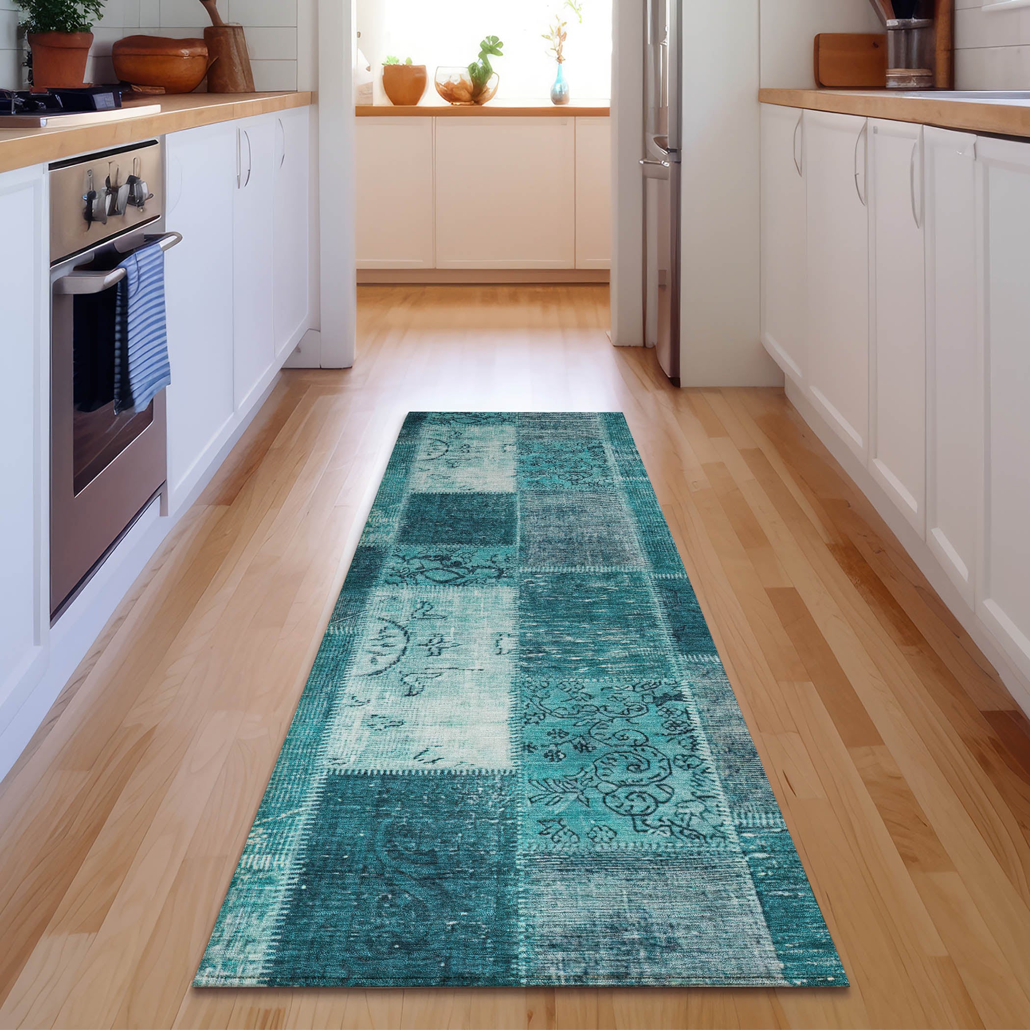 Lima Machine Washable Traditional Teal Rug 2'3" x 7'6" #shape_Runner