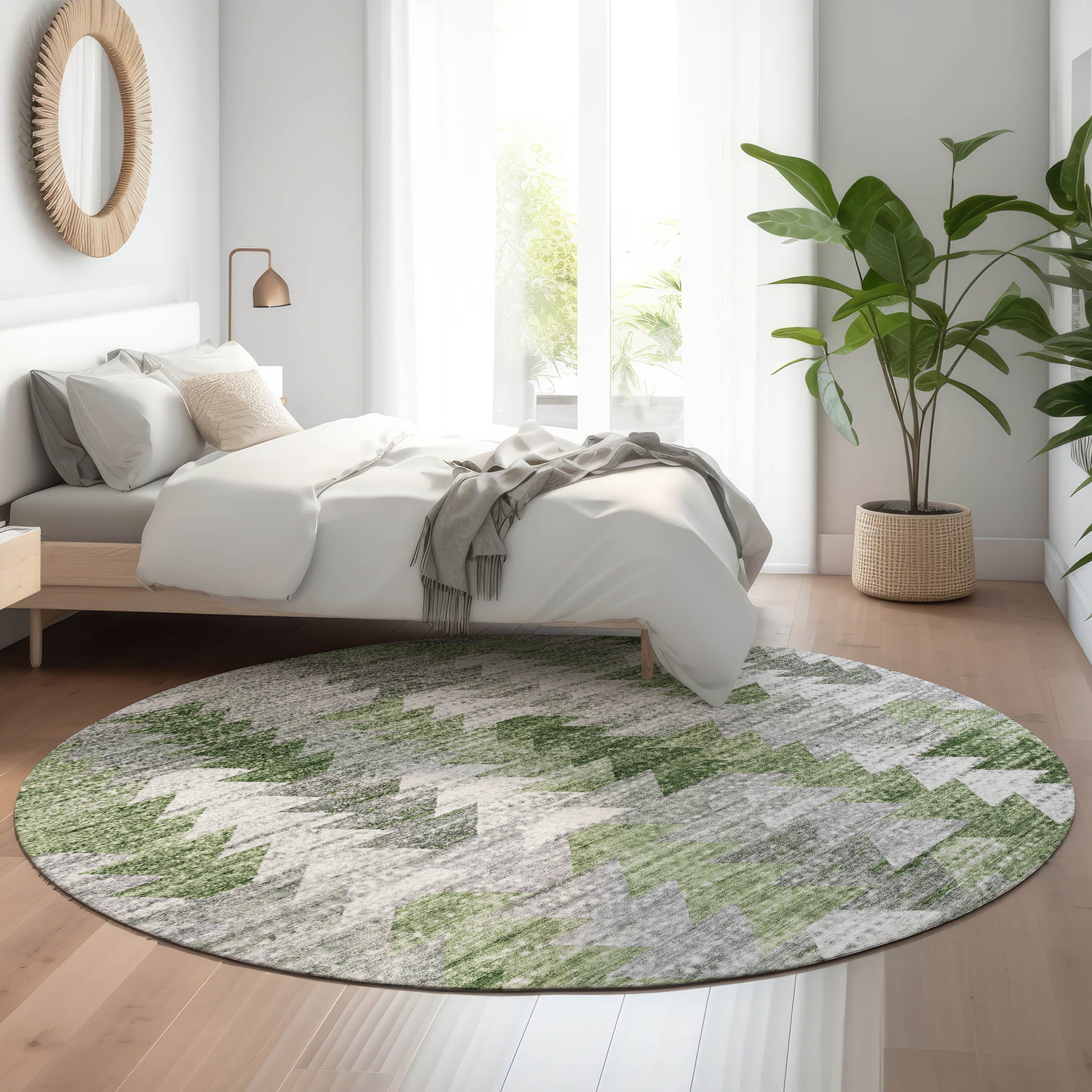 Luang Prabang Machine Washable Transitional Green Rug 8' x 8' #shape_Round