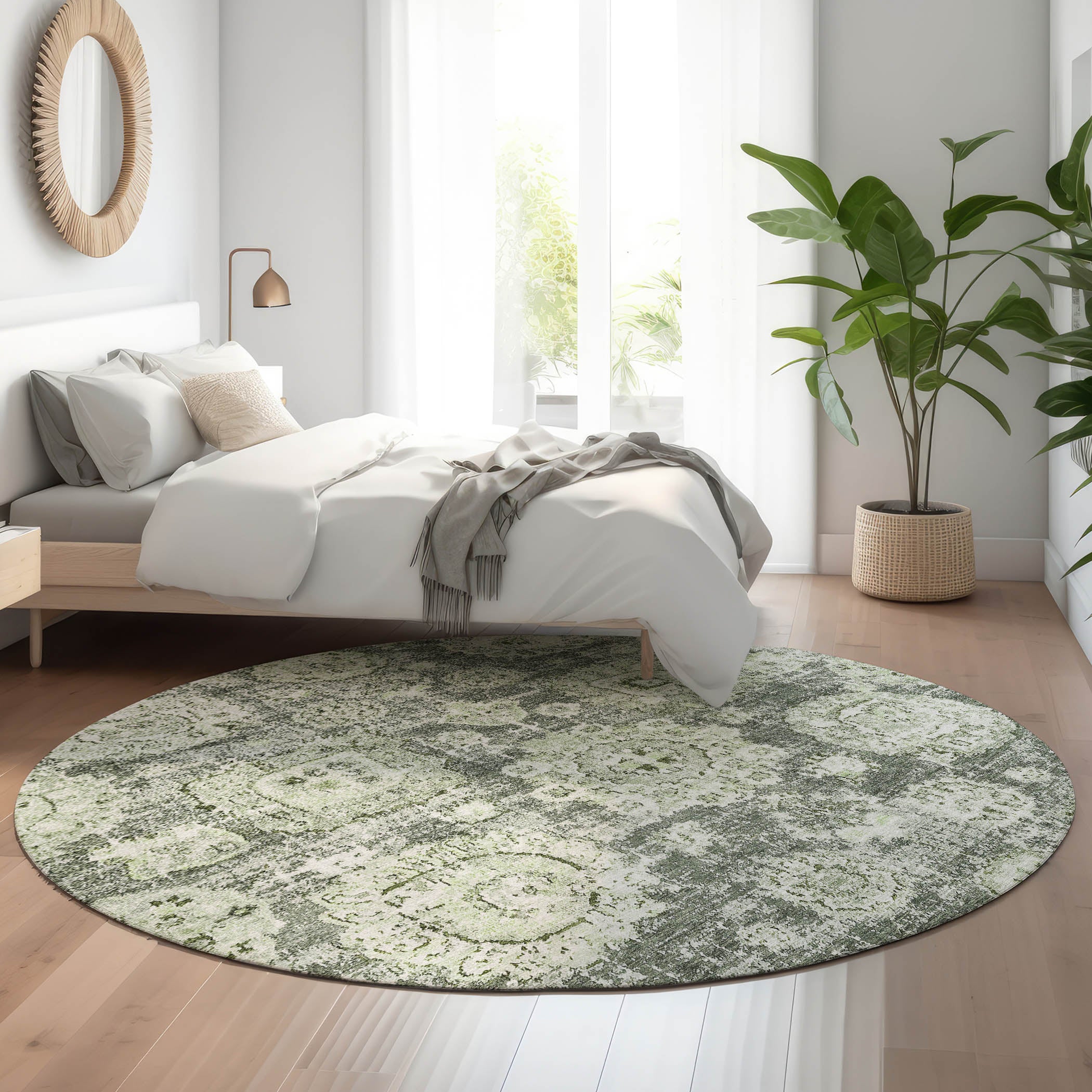 Rome Machine Washable Transitional Aloe Green Rug 8' x 8' #shape_Round