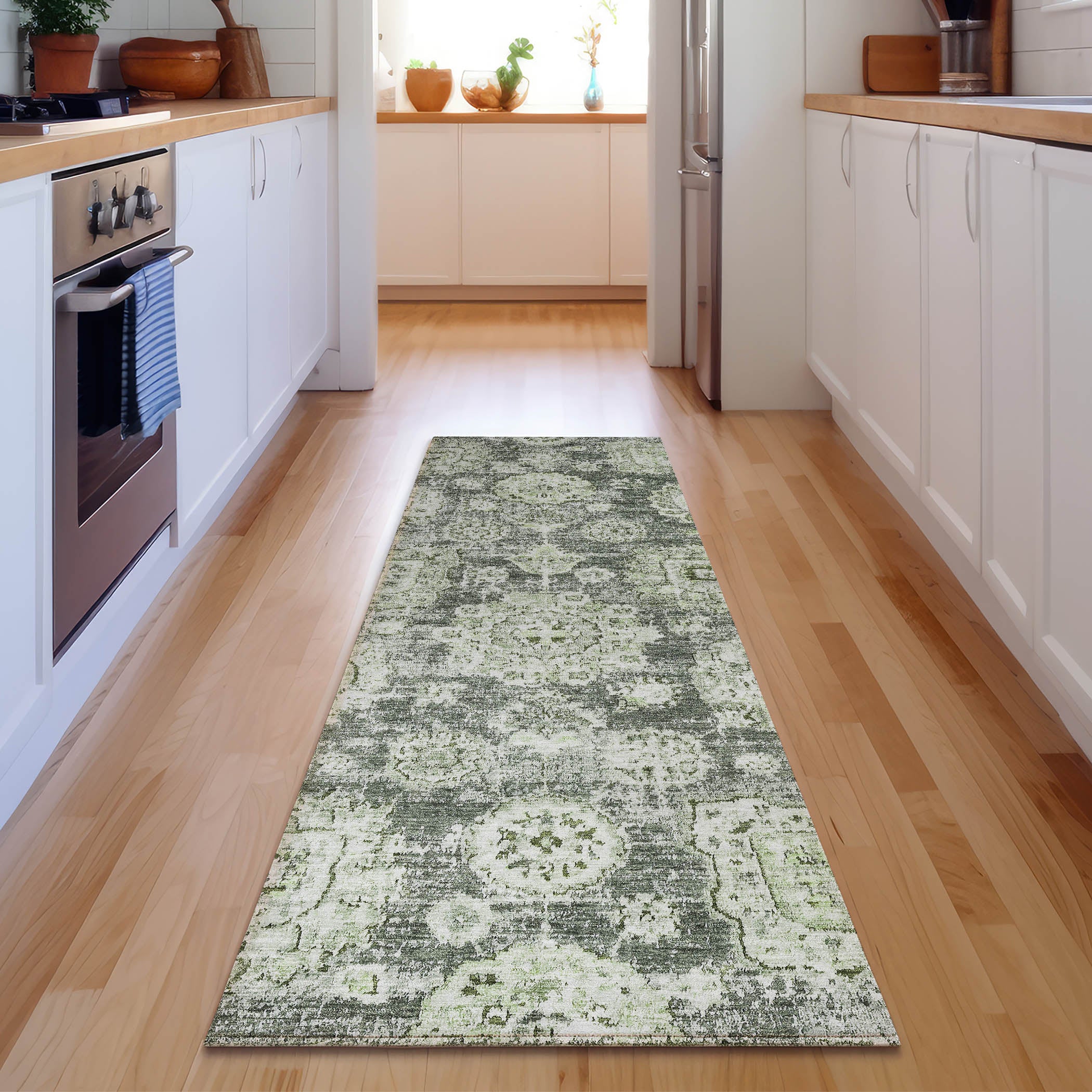 Rome Machine Washable Transitional Aloe Green Rug 2'3" x 7'6" #shape_Runner