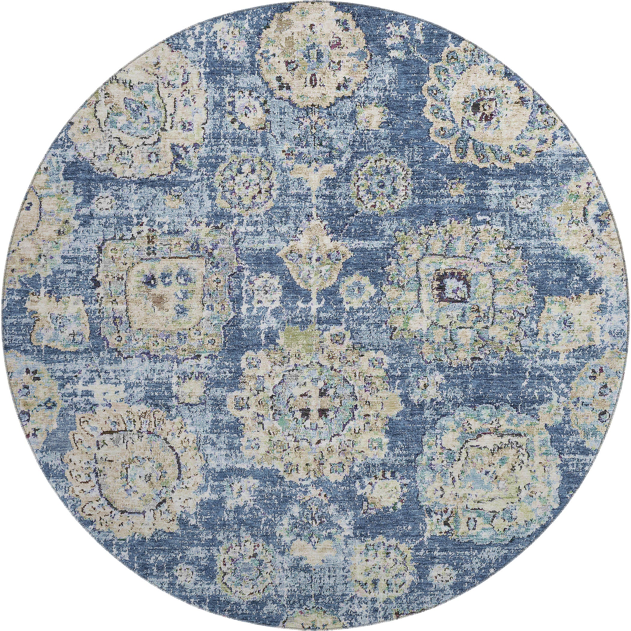 Rome Machine Washable Transitional Blue Rug 8' x 8' #shape_Round
