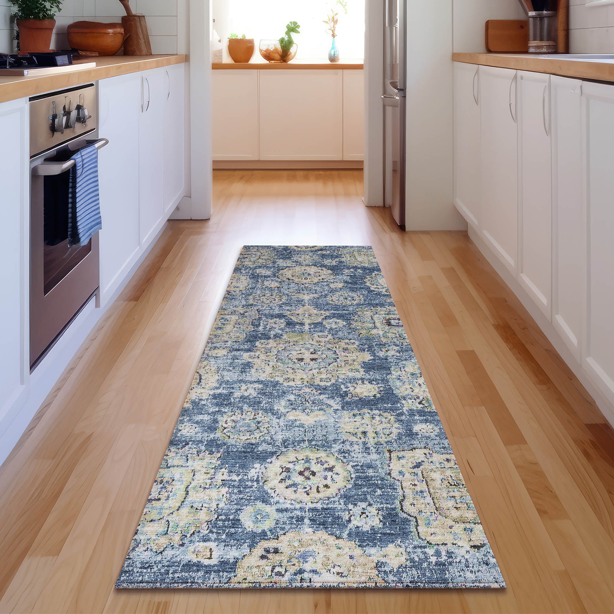 Rome Machine Washable Transitional Blue Rug 2'3" x 7'6" #shape_Runner