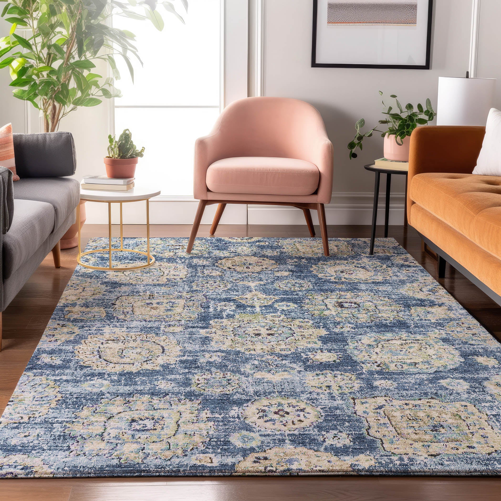 Rome Machine Washable Transitional Blue Rug 2'6" x 3'10" #shape_Rectangle