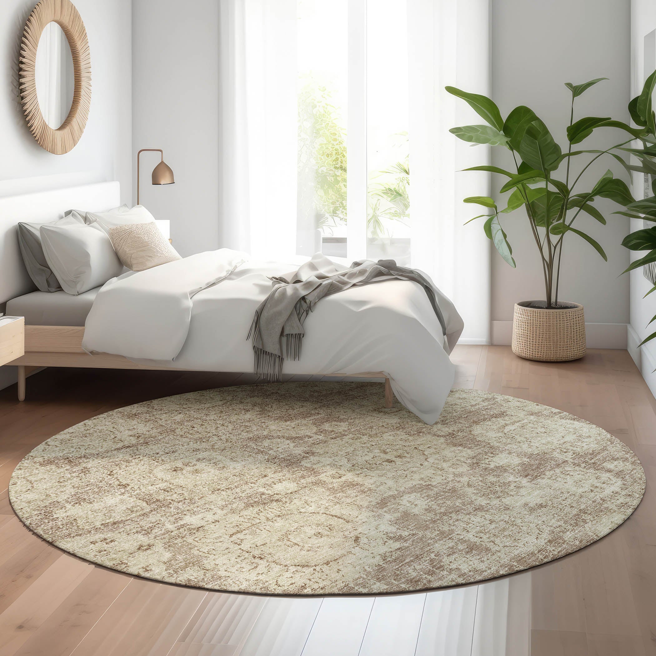 Rome Machine Washable Transitional Mocha Brown Rug 8' x 8' #shape_Round