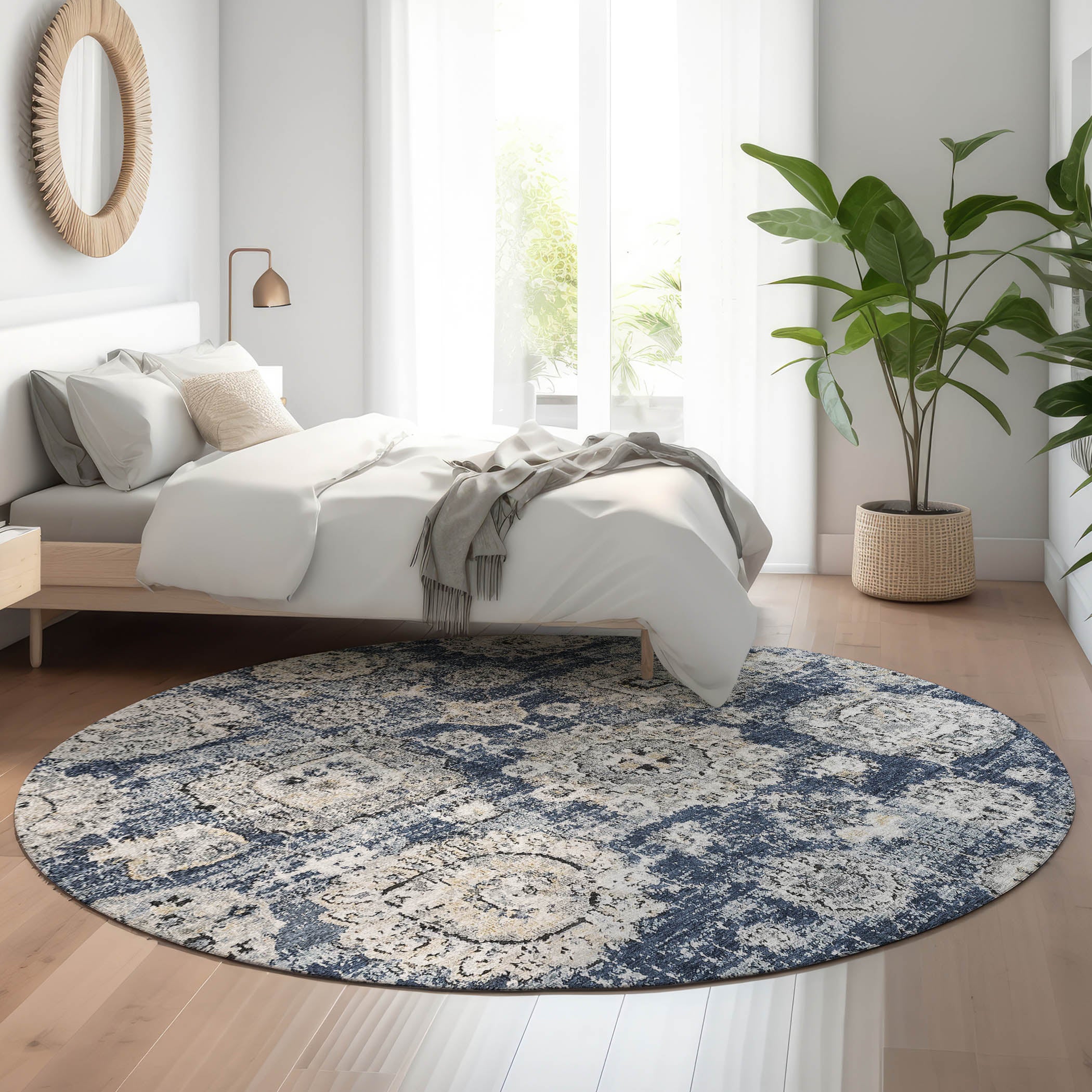 Rome Machine Washable Transitional Navy Blue Rug 8' x 8' #shape_Round