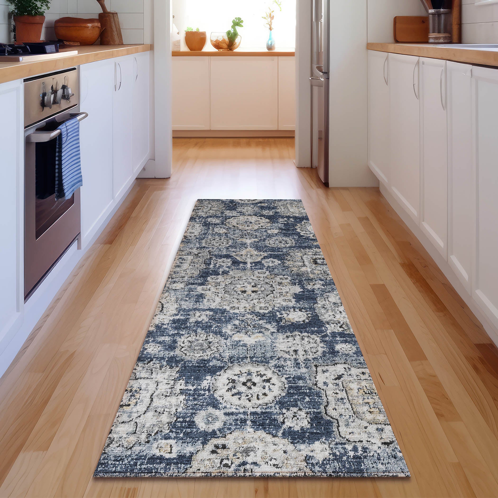 Rome Machine Washable Transitional Navy Blue Rug 2'3" x 7'6" #shape_Runner