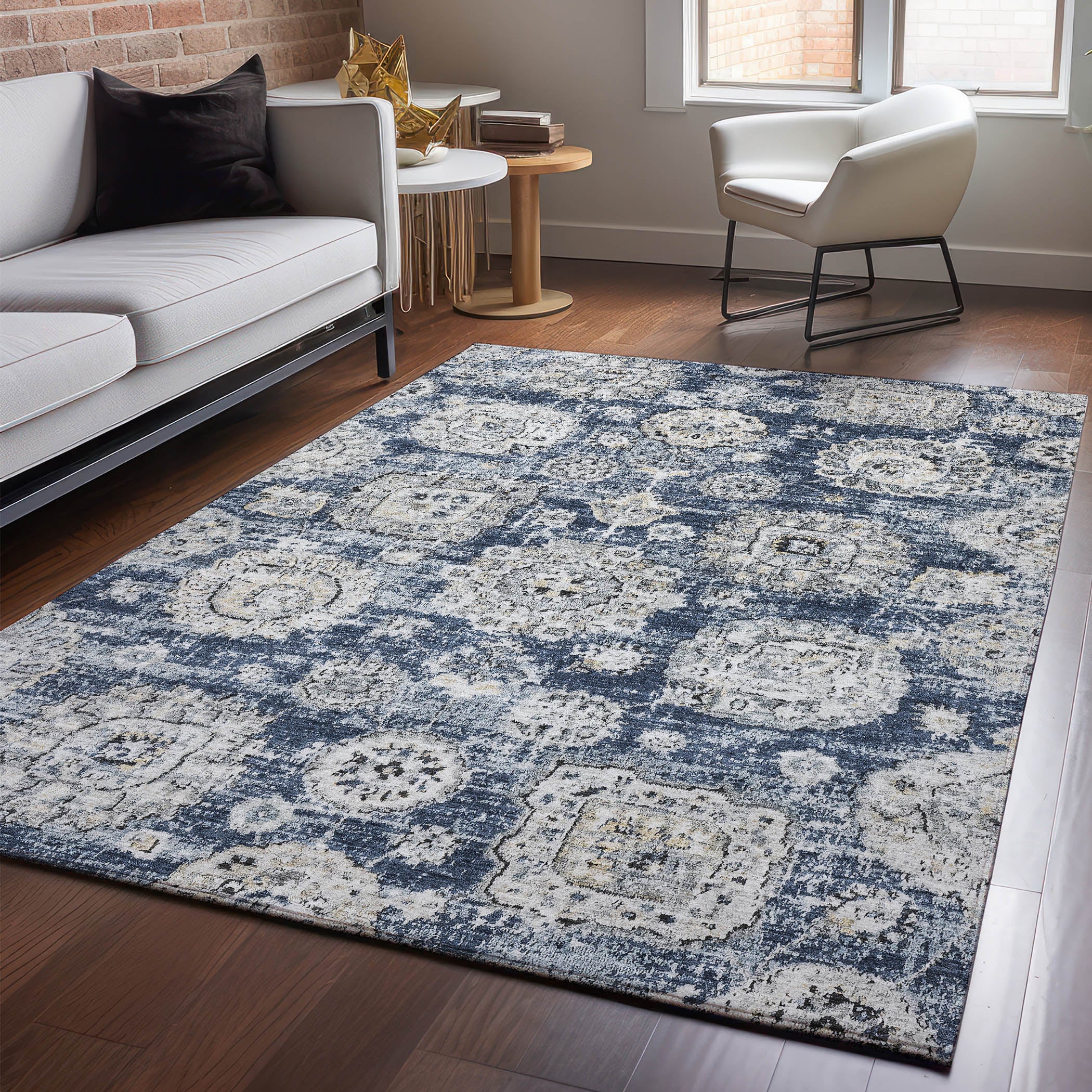 Rome Machine Washable Transitional Navy Blue Rug 2'6" x 3'10" #shape_Rectangle