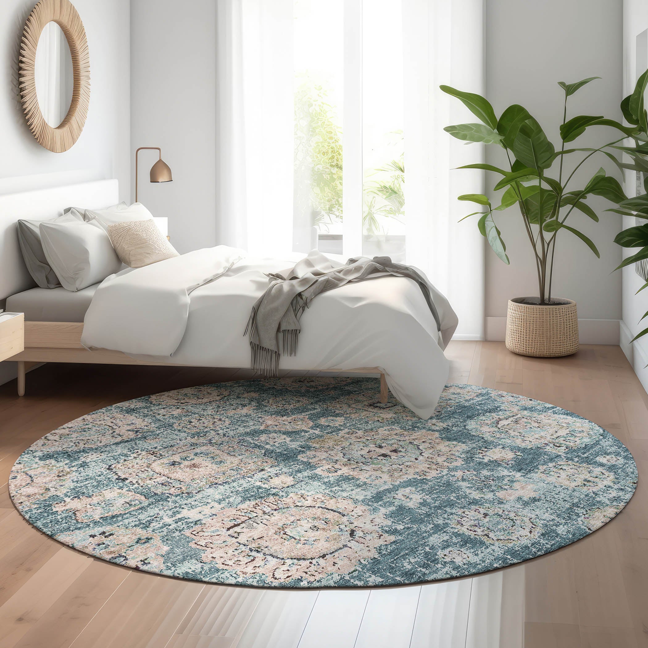 Rome Machine Washable Transitional Teal Rug 8' x 8' #shape_Round