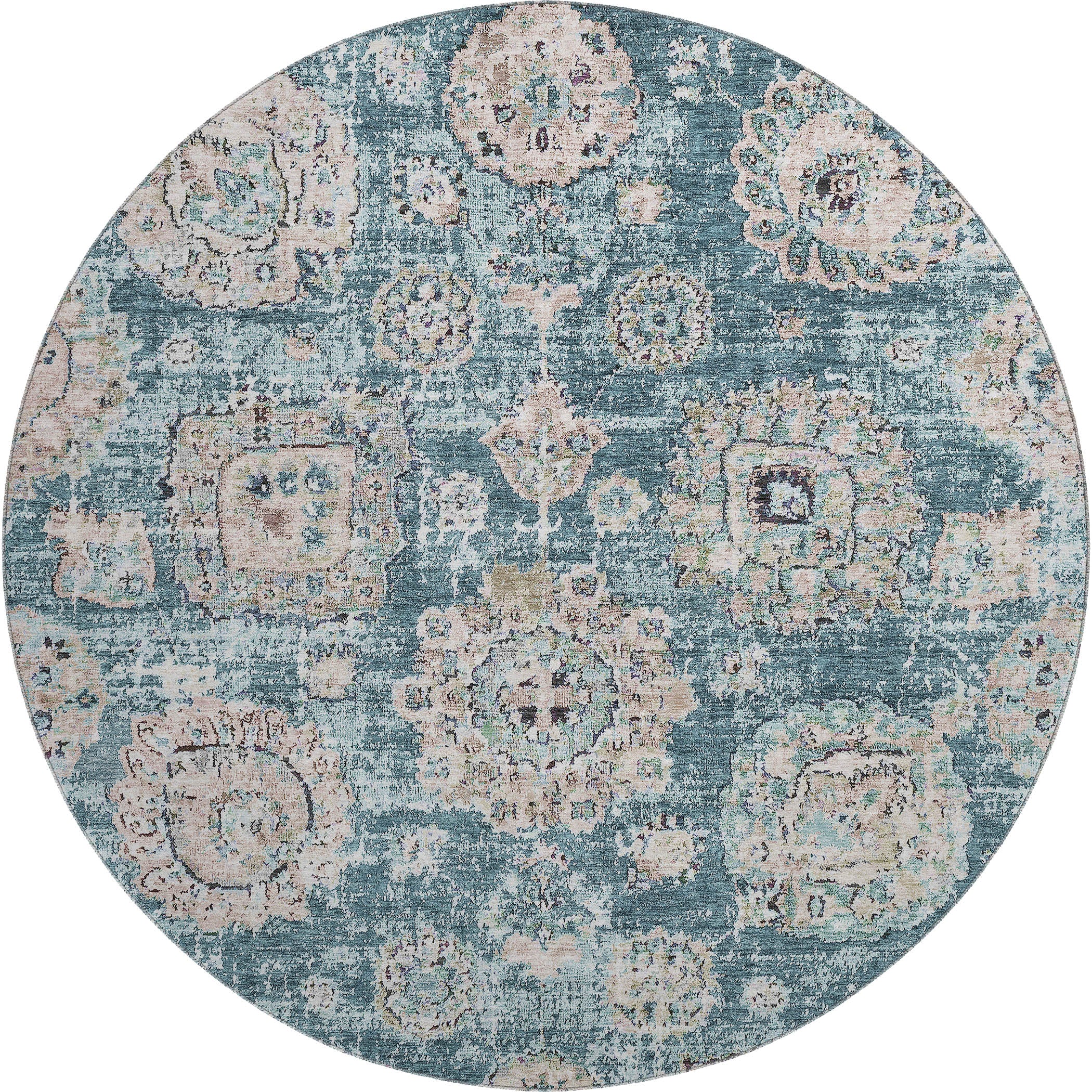Rome Machine Washable Transitional Teal Rug 8' x 8' #shape_Round