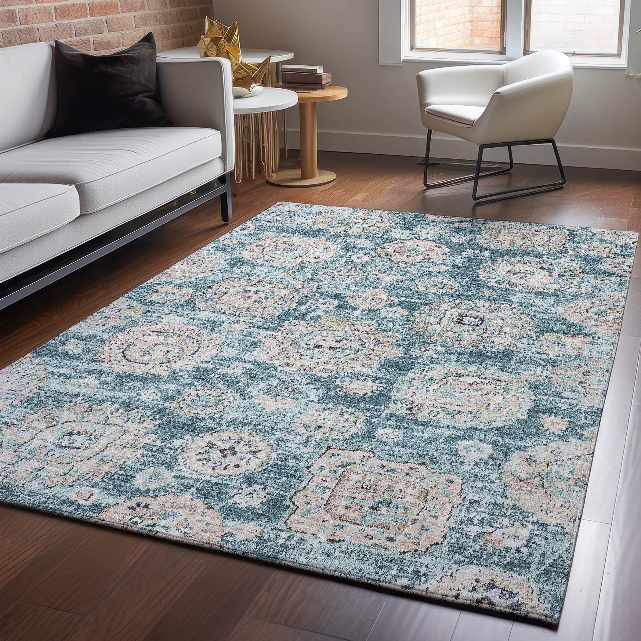 Rome Machine Washable Transitional Teal Rug 2'6" x 3'10" #shape_Rectangle
