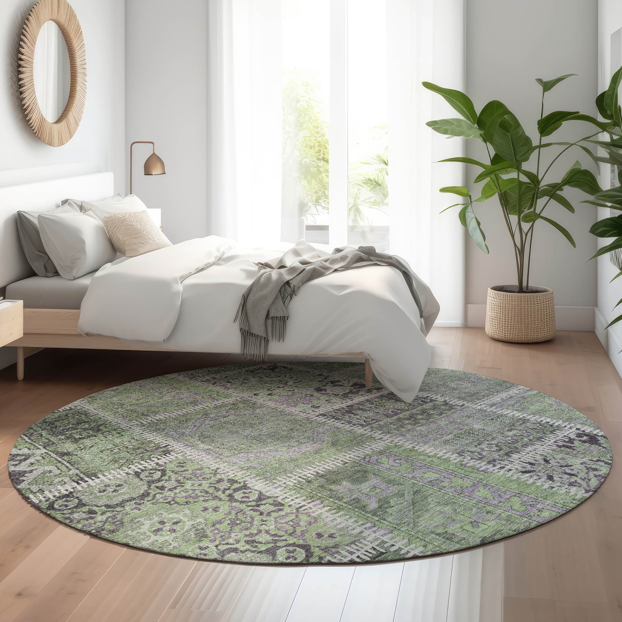 Havana Machine Washable Transitional Green Rug 8' x 8' #shape_Round