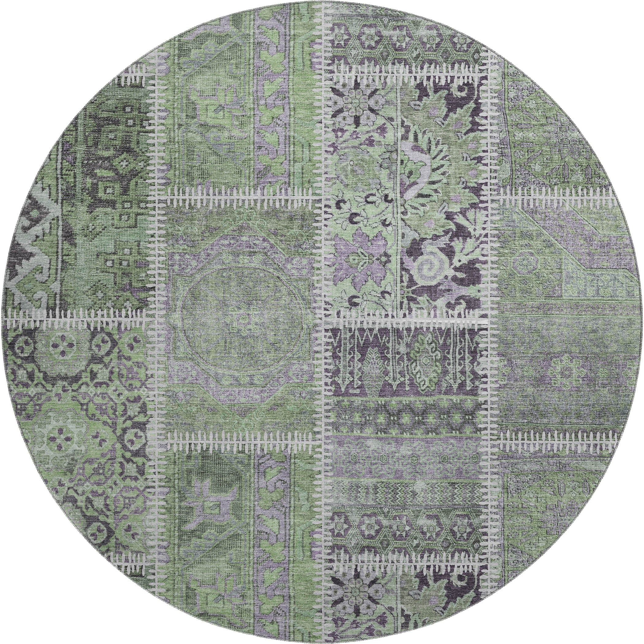 Havana Machine Washable Transitional Green Rug 8' x 8' #shape_Round