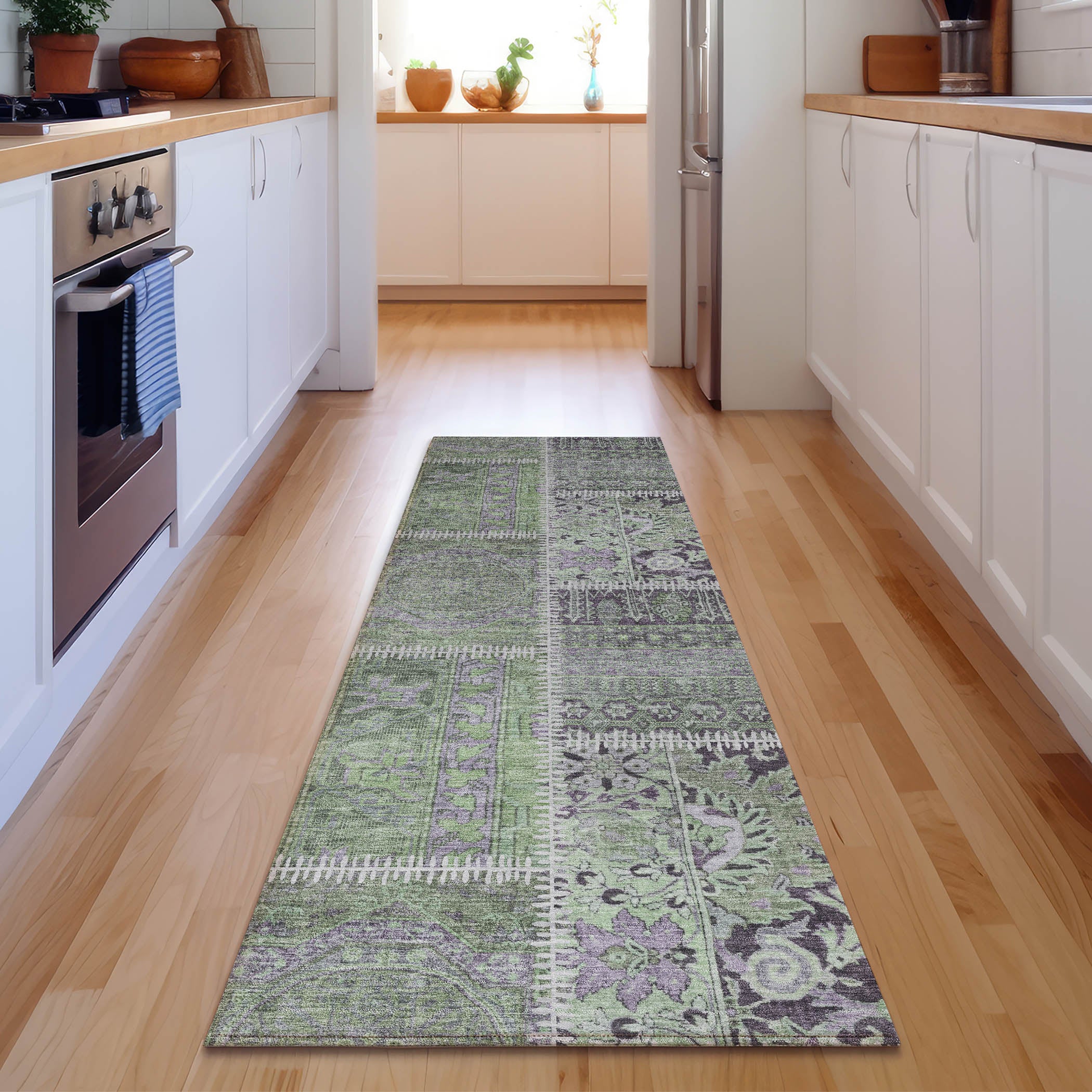 Havana Machine Washable Transitional Green Rug 2'3" x 7'6" #shape_Runner