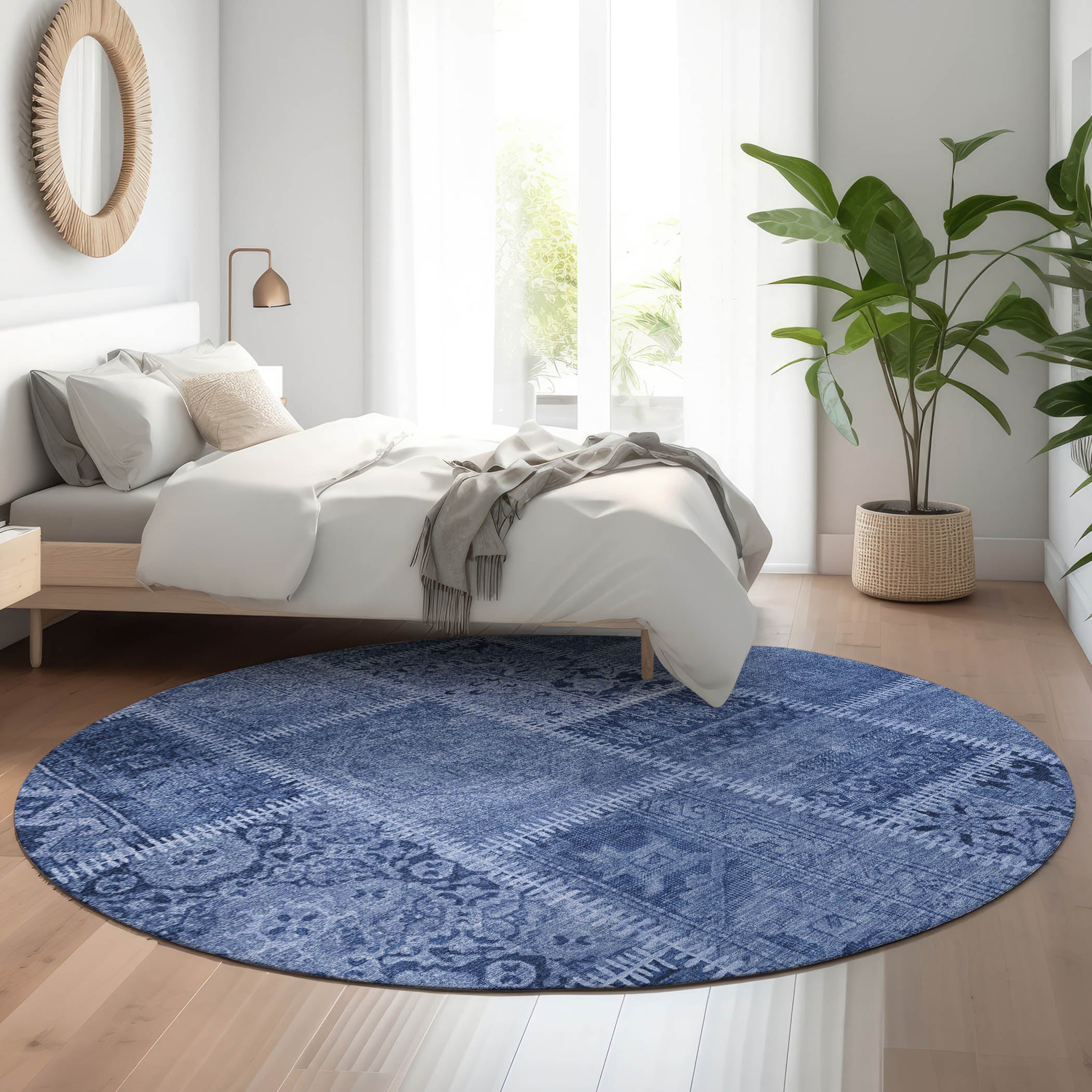 Havana Machine Washable Transitional Navy Blue Rug 8' x 8' #shape_Round