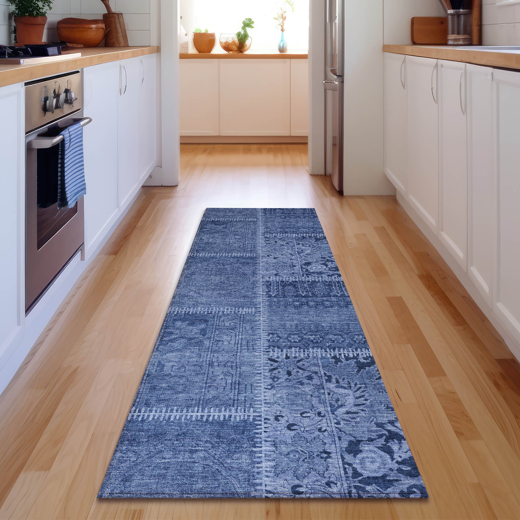 Havana Machine Washable Transitional Navy Blue Rug 2'3" x 7'6" #shape_Runner