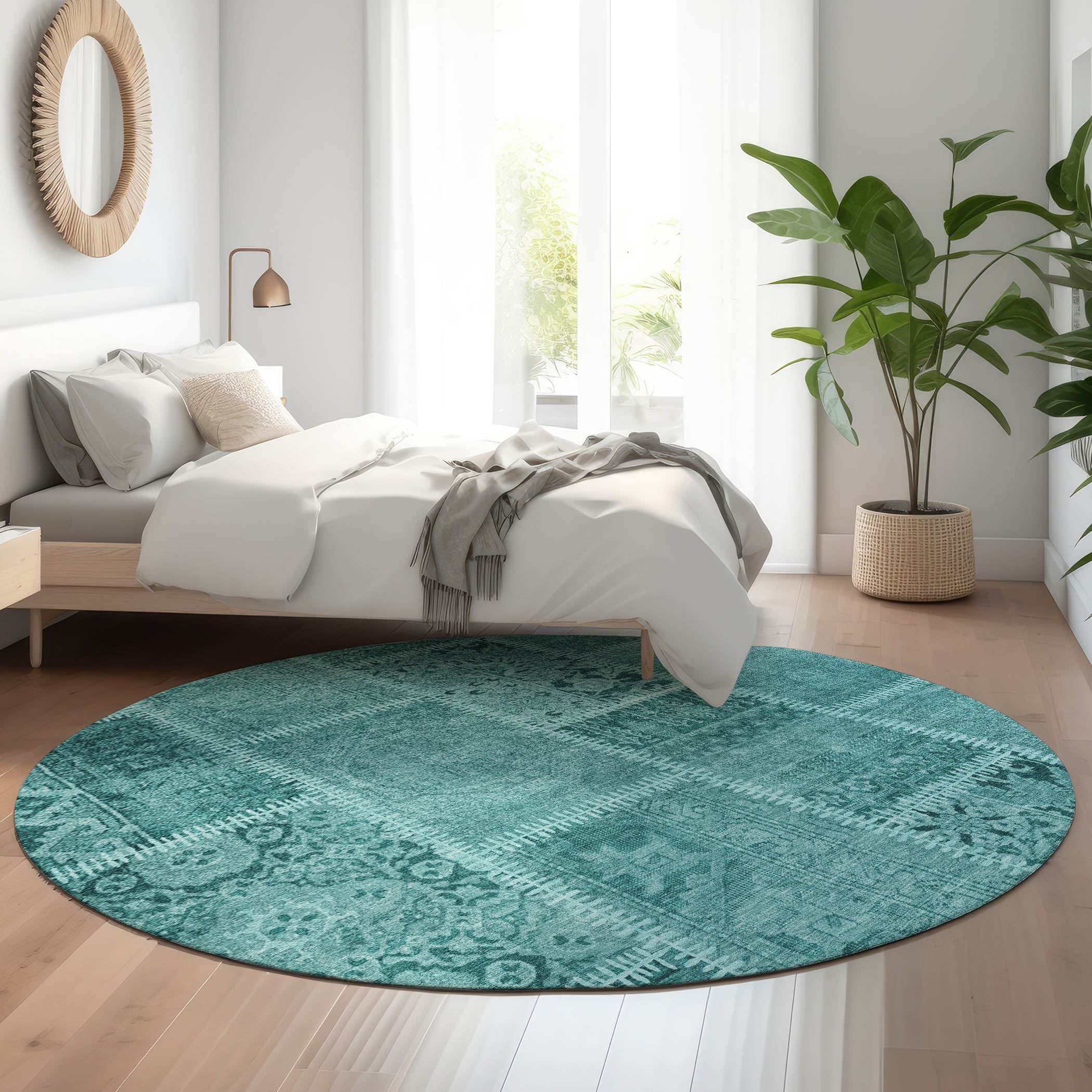 Havana Machine Washable Transitional Turquoise Teal Rug 8' x 8' #shape_Round