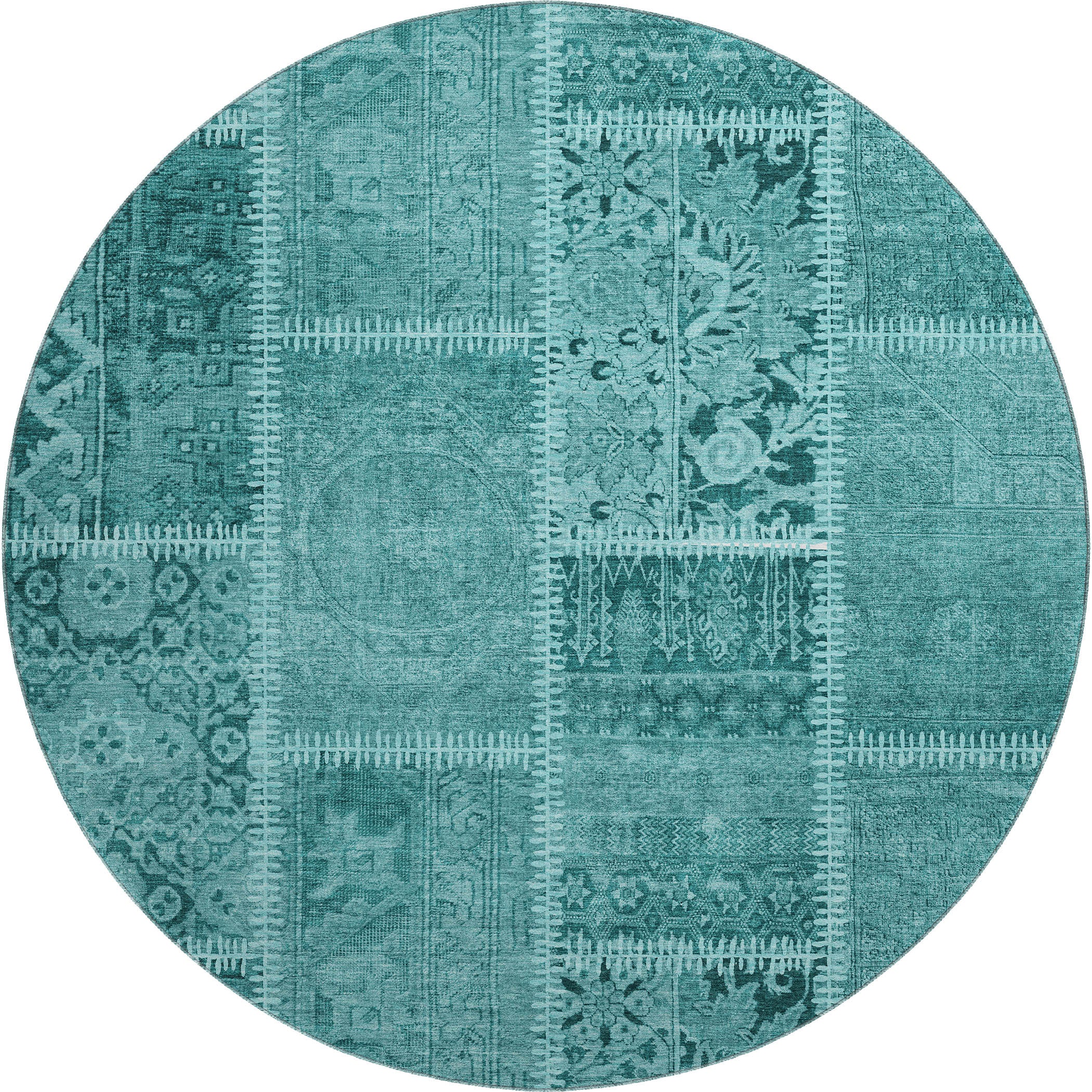 Havana Machine Washable Transitional Turquoise Teal Rug 8' x 8' #shape_Round