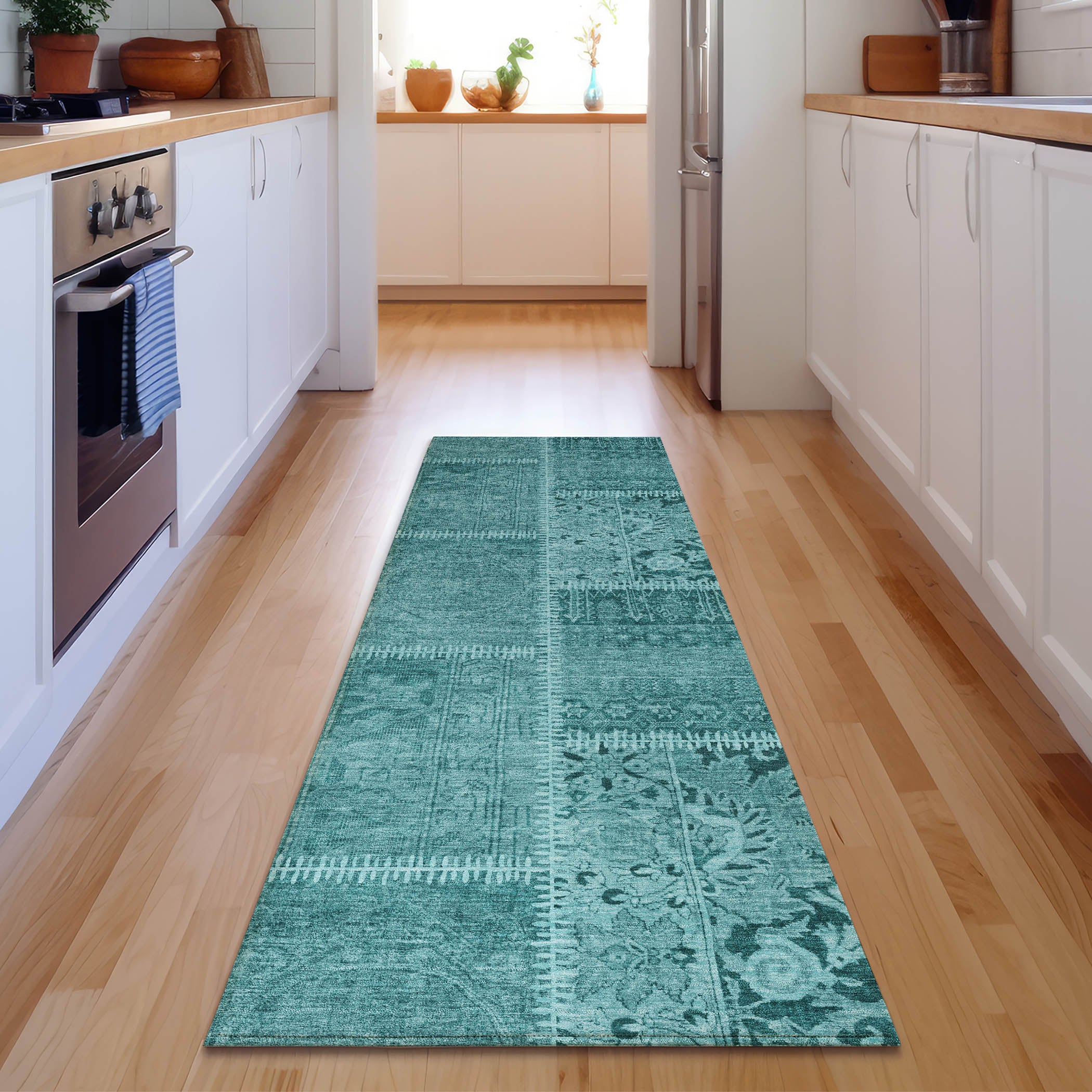 Havana Machine Washable Transitional Turquoise Teal Rug 2'3" x 7'6" #shape_Runner