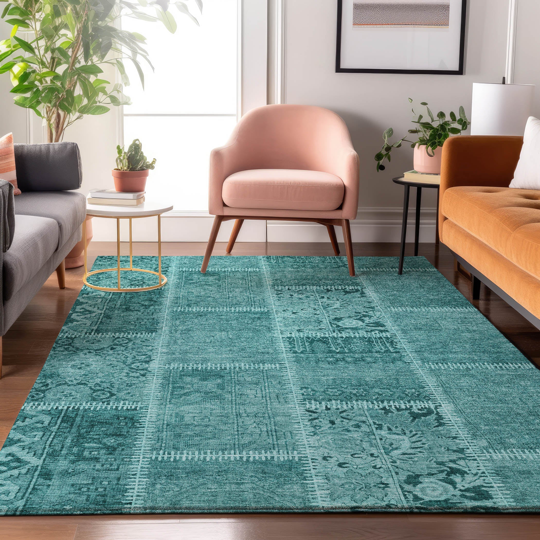 Havana Machine Washable Transitional Turquoise Teal Rug 2'6" x 3'10" #shape_Rectangle
