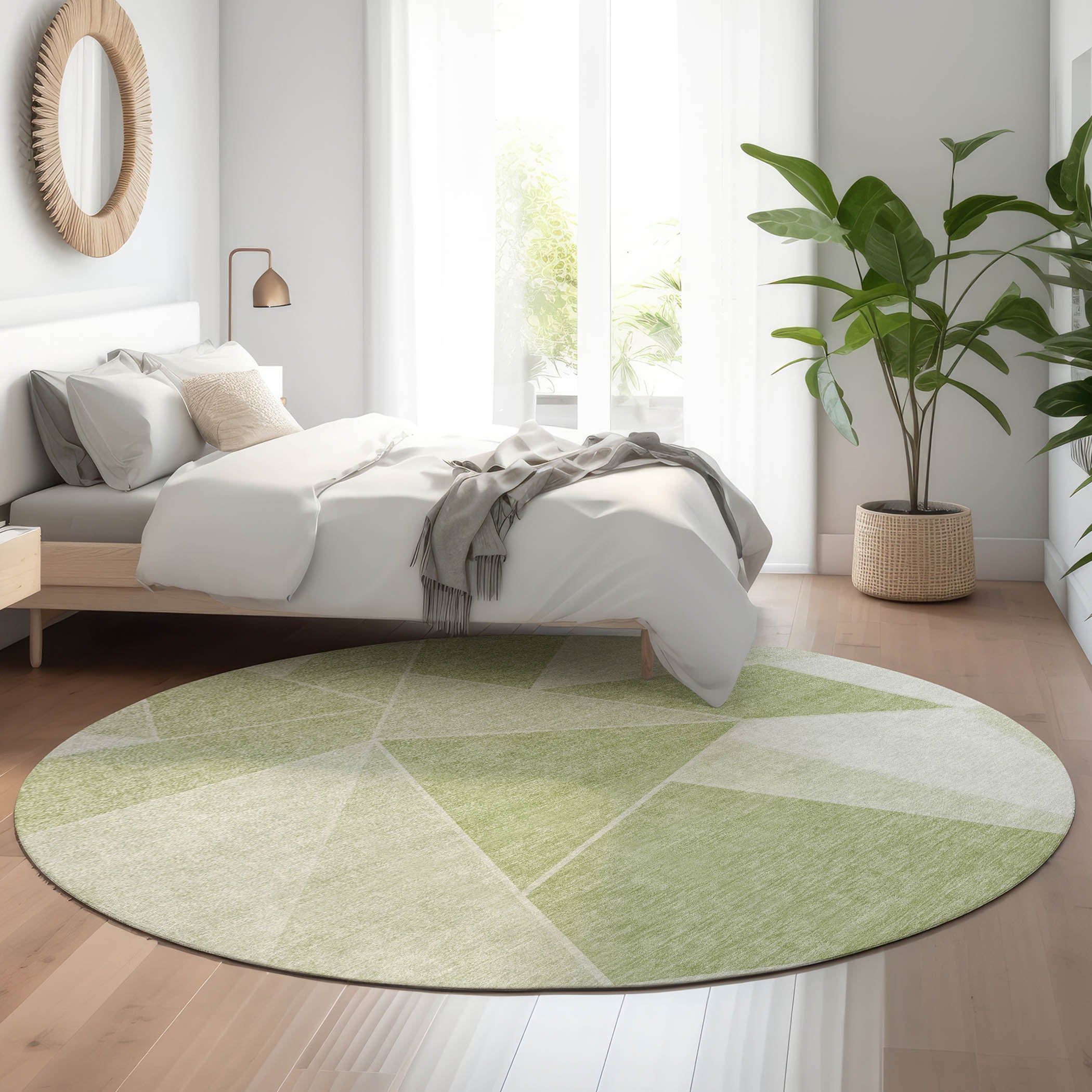 Mdina Machine Washable Transitional Aloe Green Rug 8' x 8' #shape_Round