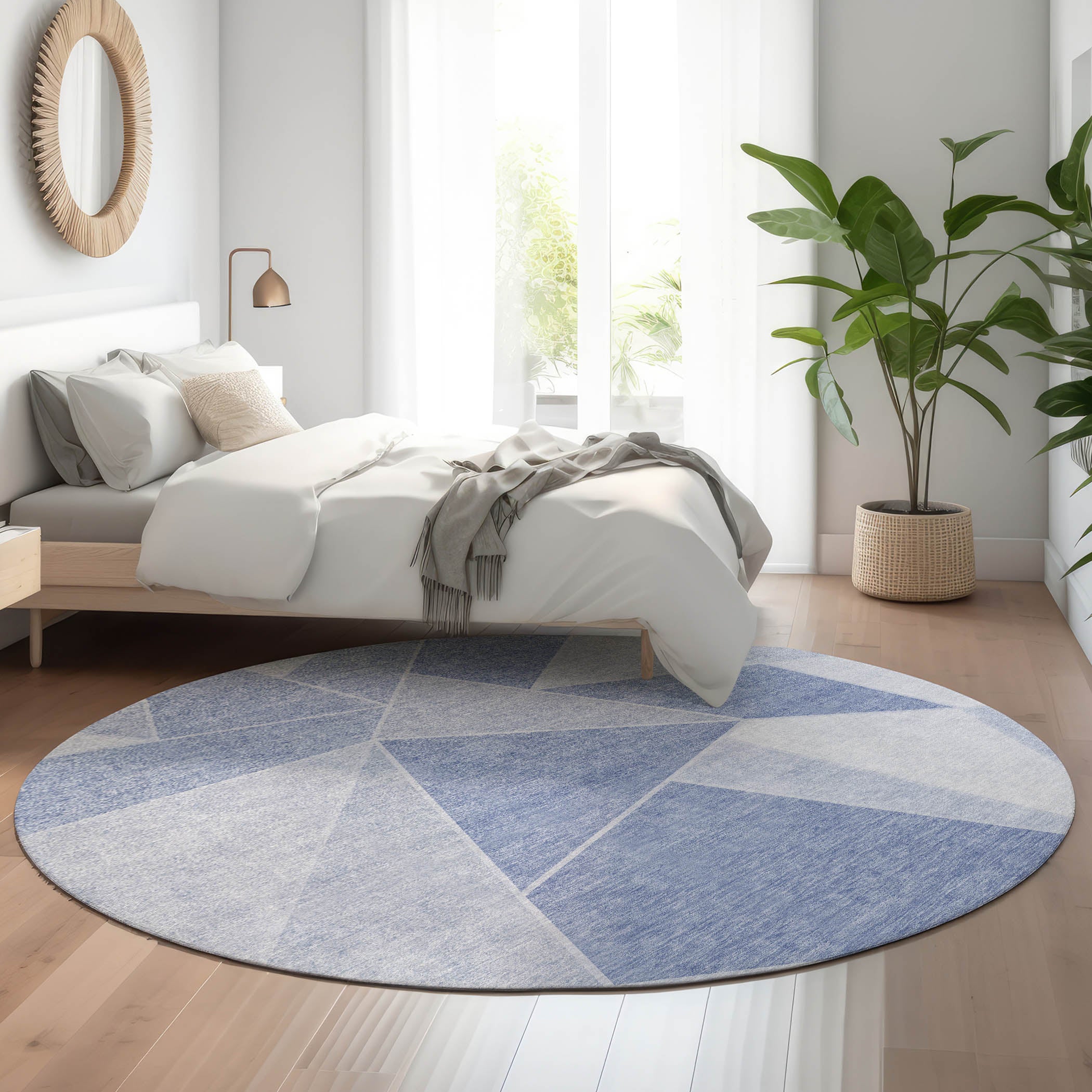 Mdina Machine Washable Transitional Sky Blue Rug 8' x 8' #shape_Round