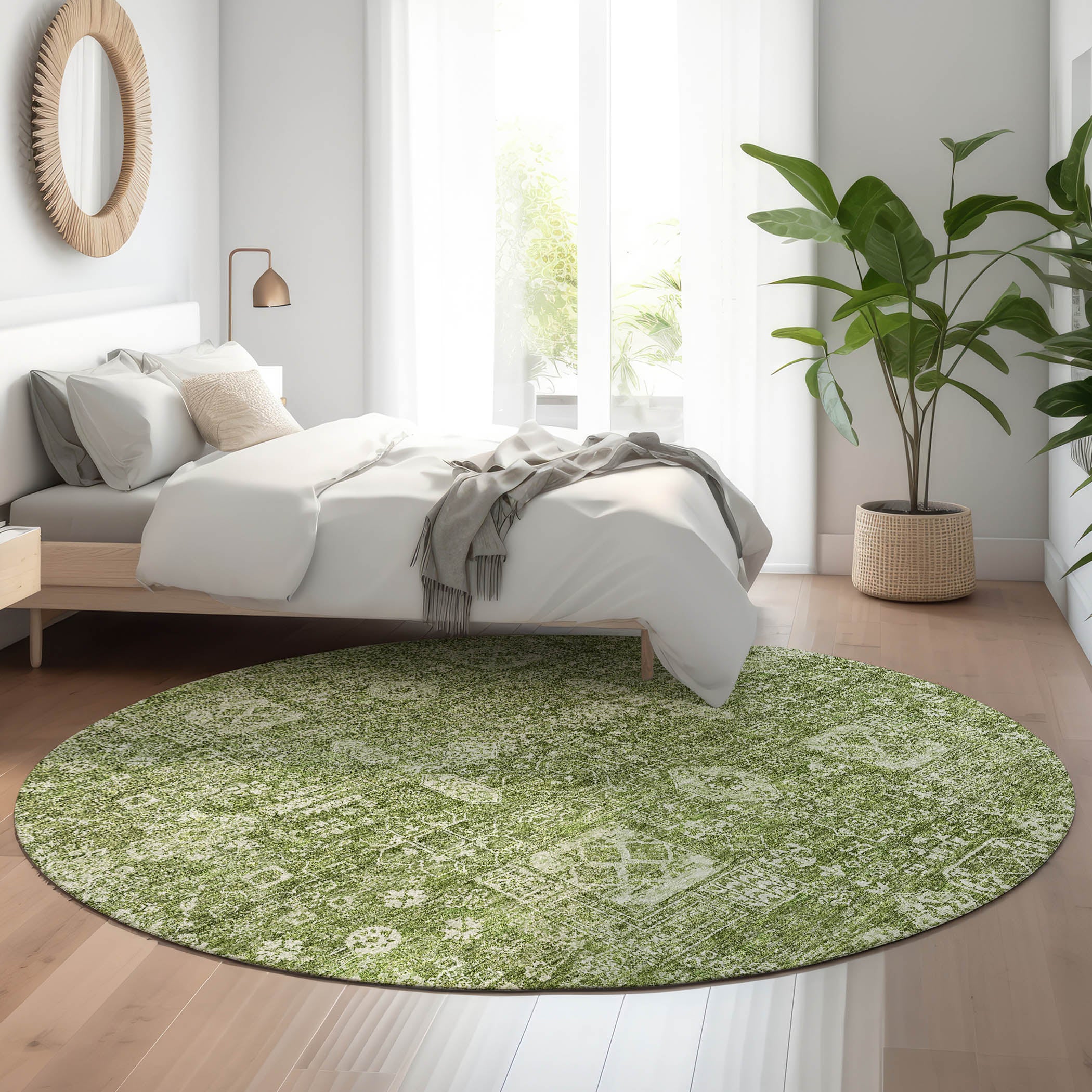 Sintra Machine Washable Transitional Aloe Green Rug 8' x 8' #shape_Round