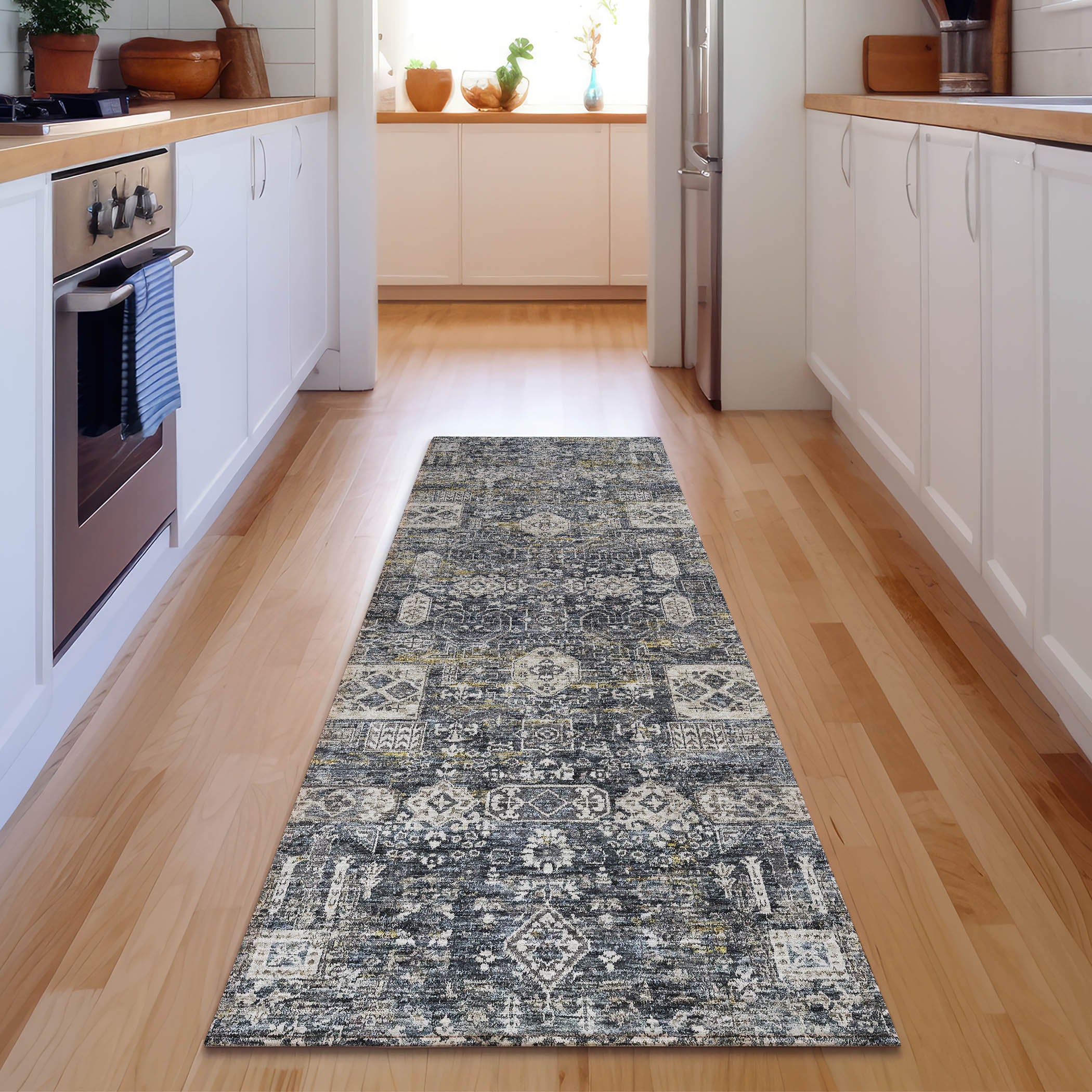 Sintra Machine Washable Transitional Charcoal Gray Rug 2'3" x 7'6" #shape_Runner